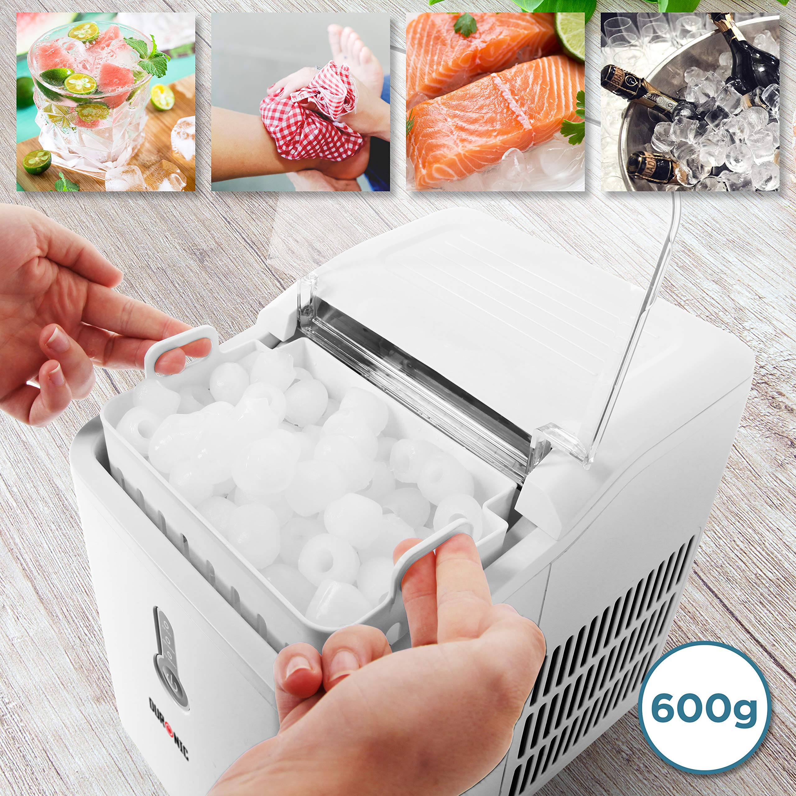 Duronic ICM120 Portable Ice Maker Machine - Fast 7-Minute Ice Cube Production, 12KG/24H Self-Cleaning, Includes Ice Scoop & Basket - Perfect for Home, Office, Bar, RV, BBQ Parties & Outdoor Gatherings - White
