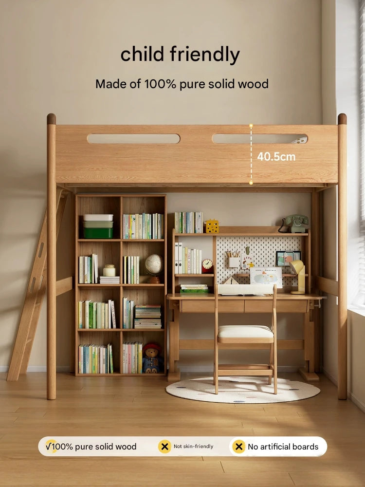 Solid Oak Wood Loft Bed with Storage Cabinet - Space-Saving Furniture for Small Rooms, Kids Bedroom & Dormitory