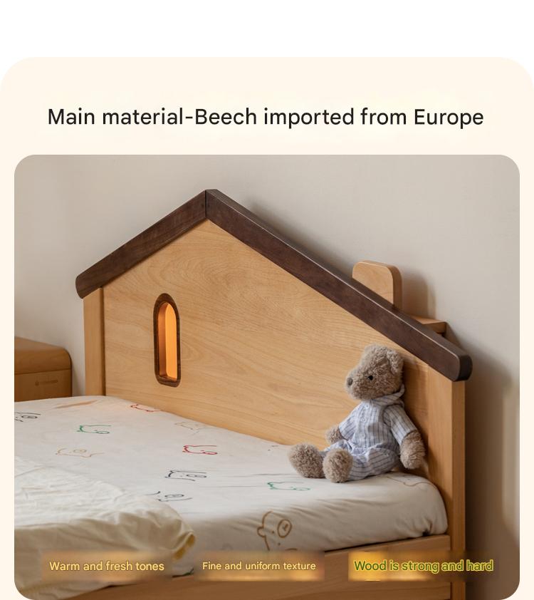 Kids Wooden Bed with Night Light - Beech & Poplar Little House Design with 15-Minute Auto Light Off - Perfect for Bedrooms, Playrooms & Cozy Sleep Spaces