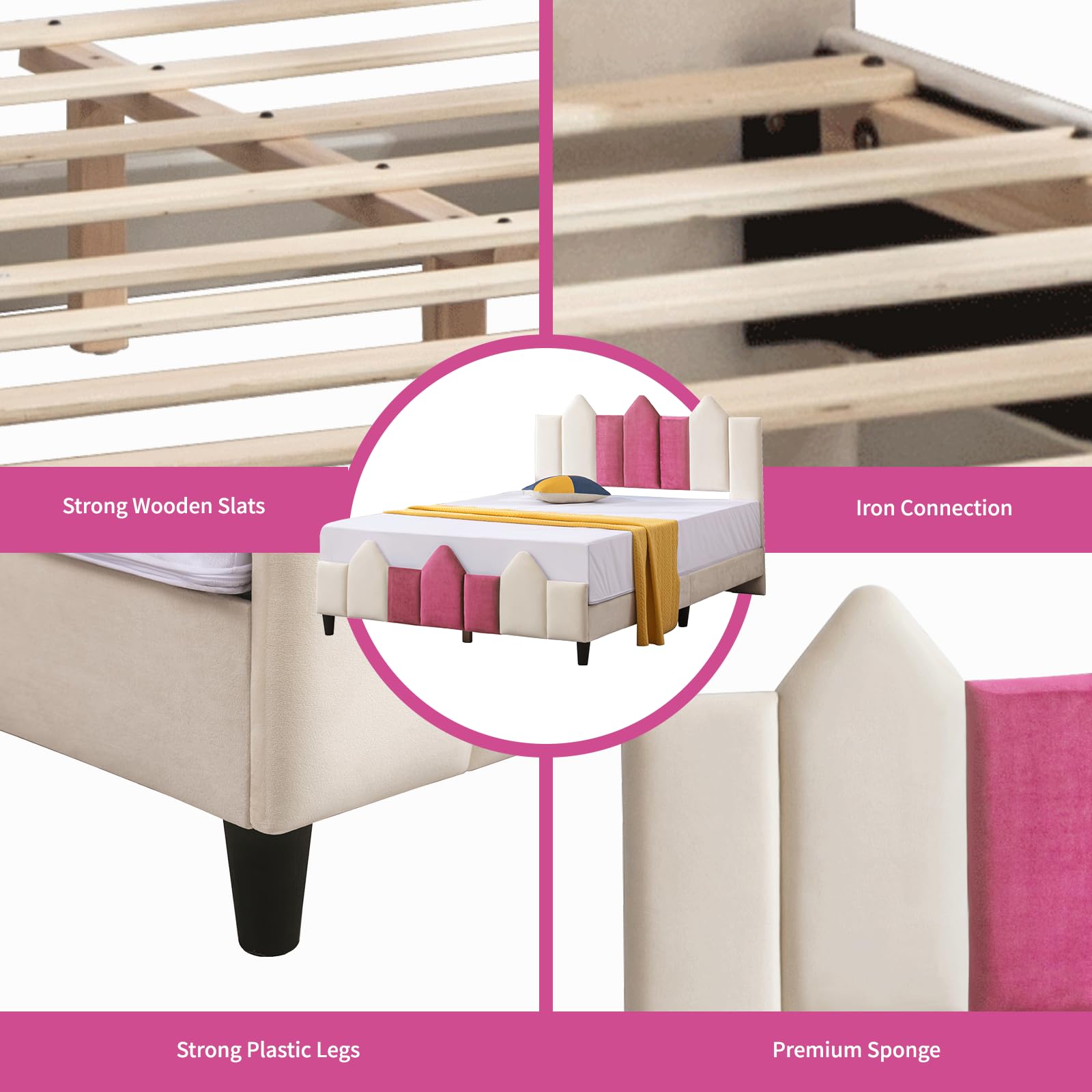**Full Size Kids Bed Frame with Headboard - Upholstered Platform Bed for Girls & Teens, No Box Spring Needed, Easy Assembly (Pink/White) - Perfect for Bedrooms, Dorms & Playrooms**