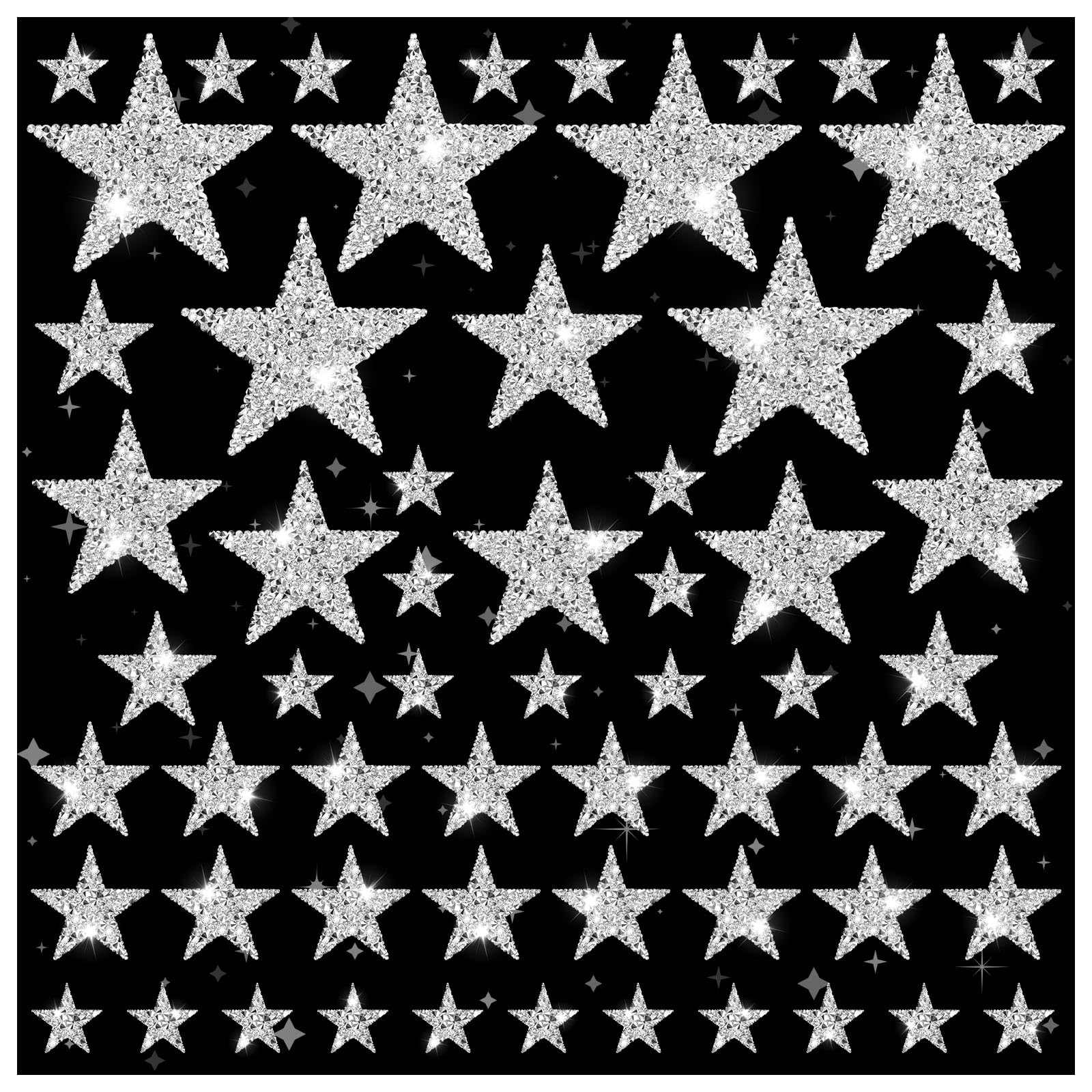 60 Pcs Silver Star Iron-On Patches - Glitter Rhinestone Appliques for Clothing, Jeans, Bags & Hats - DIY Repair & Decoration (4 Sizes) - Perfect for Costumes, Fashion Upgrades & Craft Projects