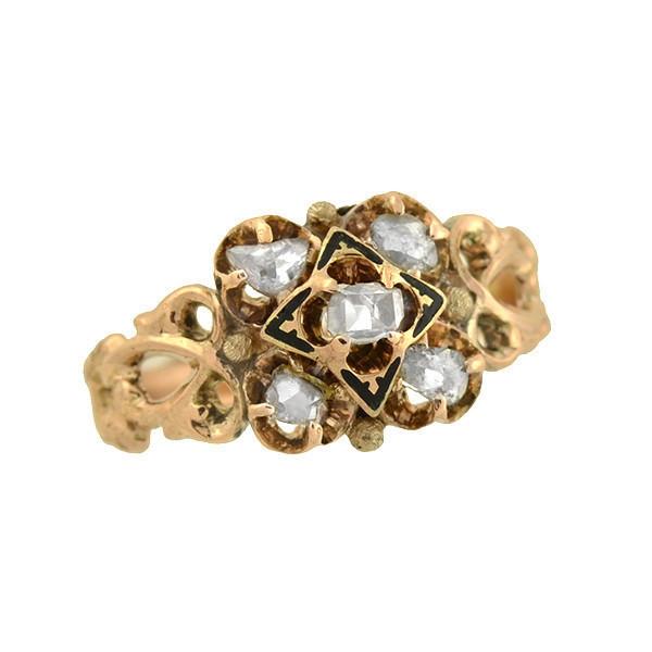 Victorian Style 14K Gold Diamond & Enamel Floral Ring - Elegant Antique Jewelry for Weddings, Anniversaries & Special Occasions