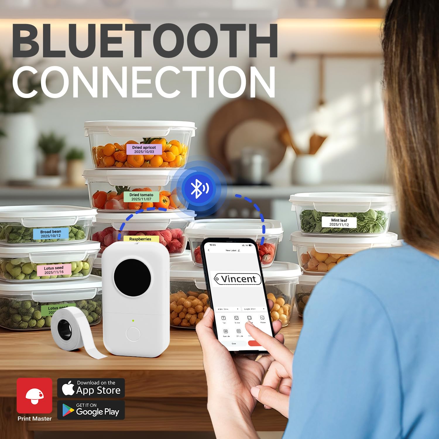 Phomemo D30 2025 Bluetooth Label Maker Machine - Portable Sticker Printer for Home, Office & School Organization - Compatible with Android & iOS - 12mm USB Rechargeable Labeler (White) - Perfect for Pantry Organization, File Labeling & Craft Projects