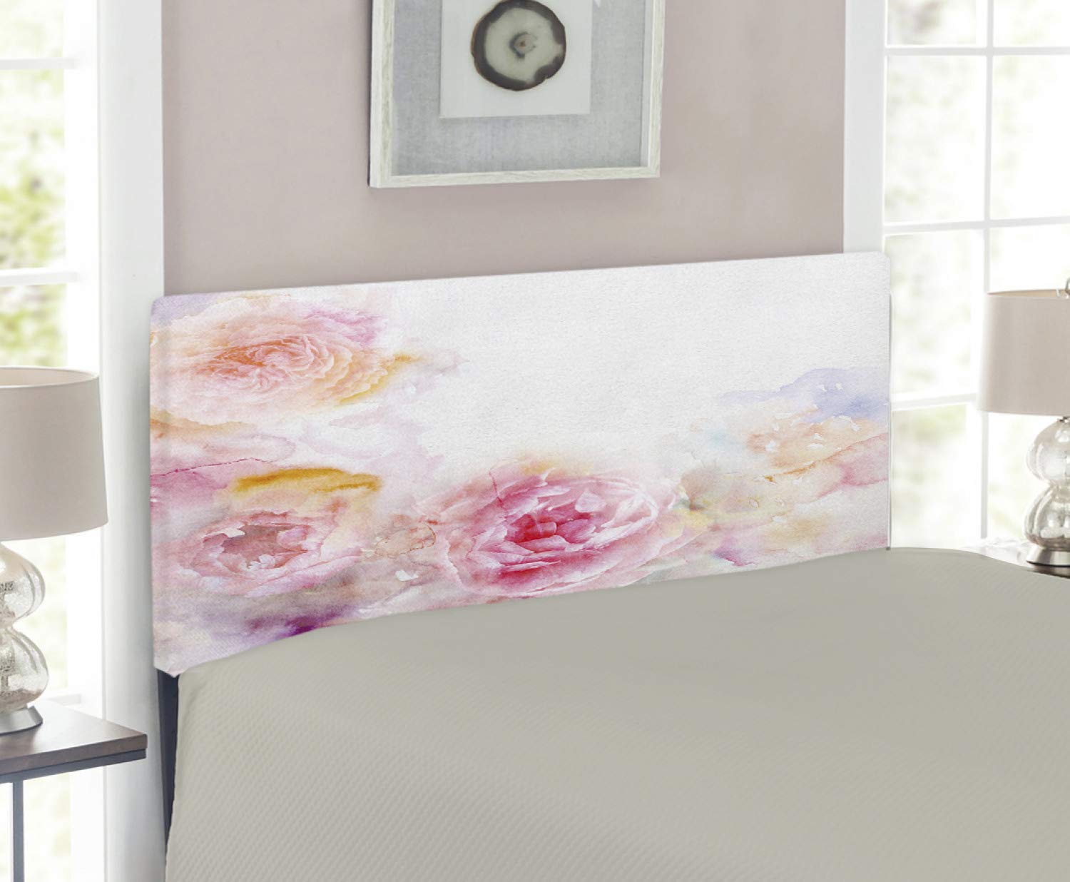 Ambesonne Shabby Floral Headboard - Victorian Garden Roses & Leaves Design, Upholstered Metal Bed Headboard with Memory Foam, Twin Size in Pale Pink - Perfect for Romantic Bedroom Decor & Guest Room Makeover