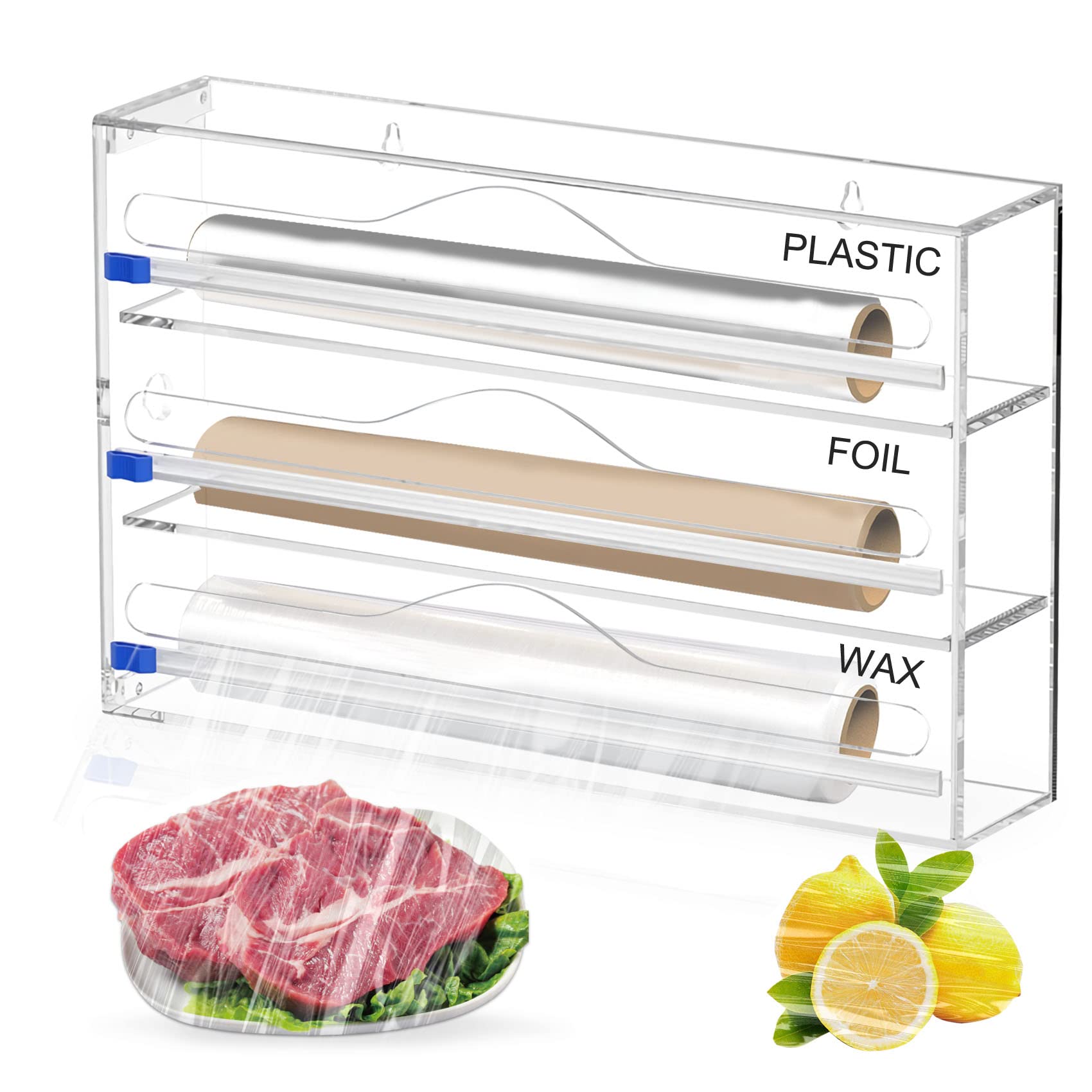 3-in-1 Plastic Wrap Dispenser with Built-in Cutter & Labels - Acrylic Roll Organizer for Kitchen Drawer - Holds 12