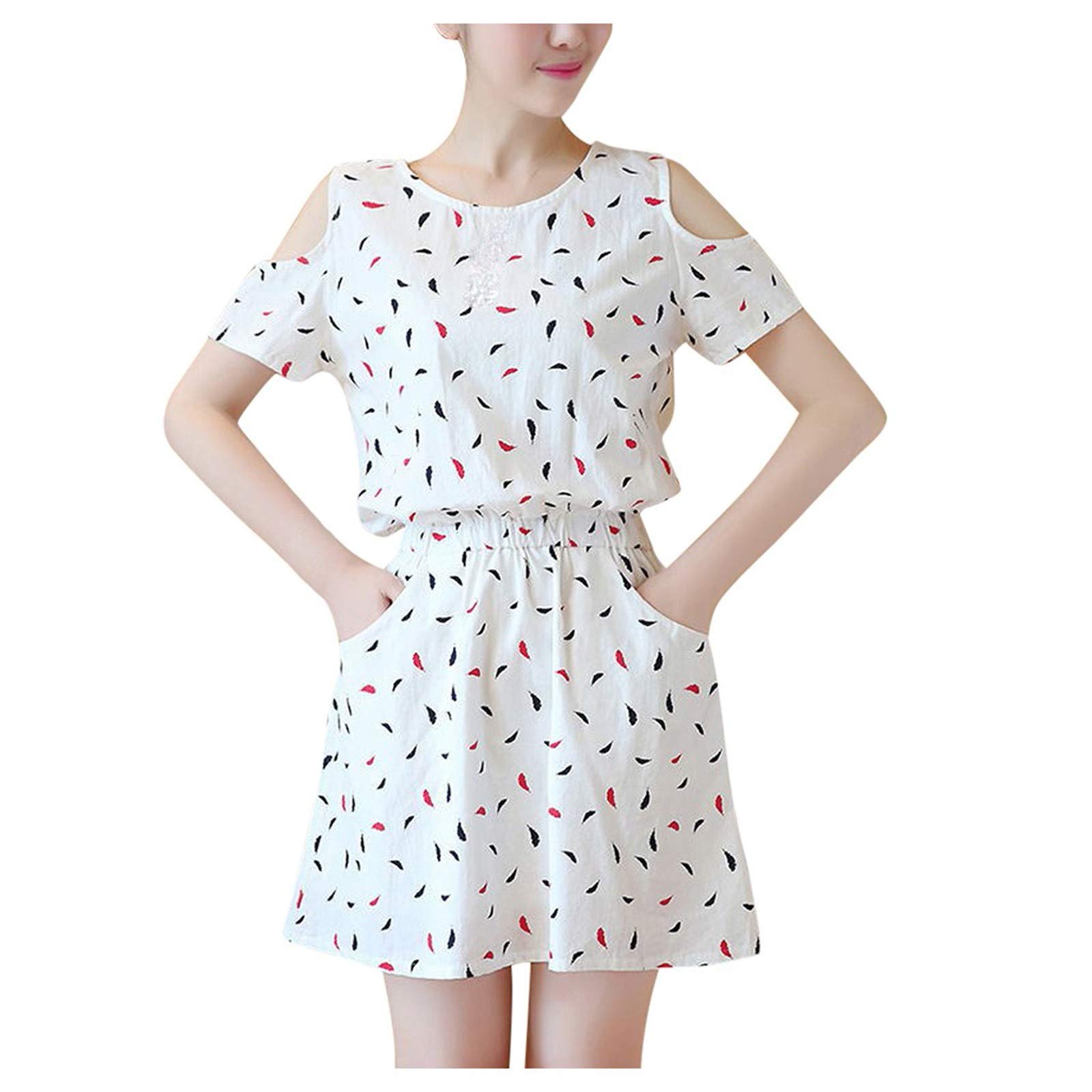 Women's Casual Summer Short Sleeve Floral Print Hollow Out Dress - Breathable White Midi Dress for Beach, Party & Daily Wear (White, Size M)