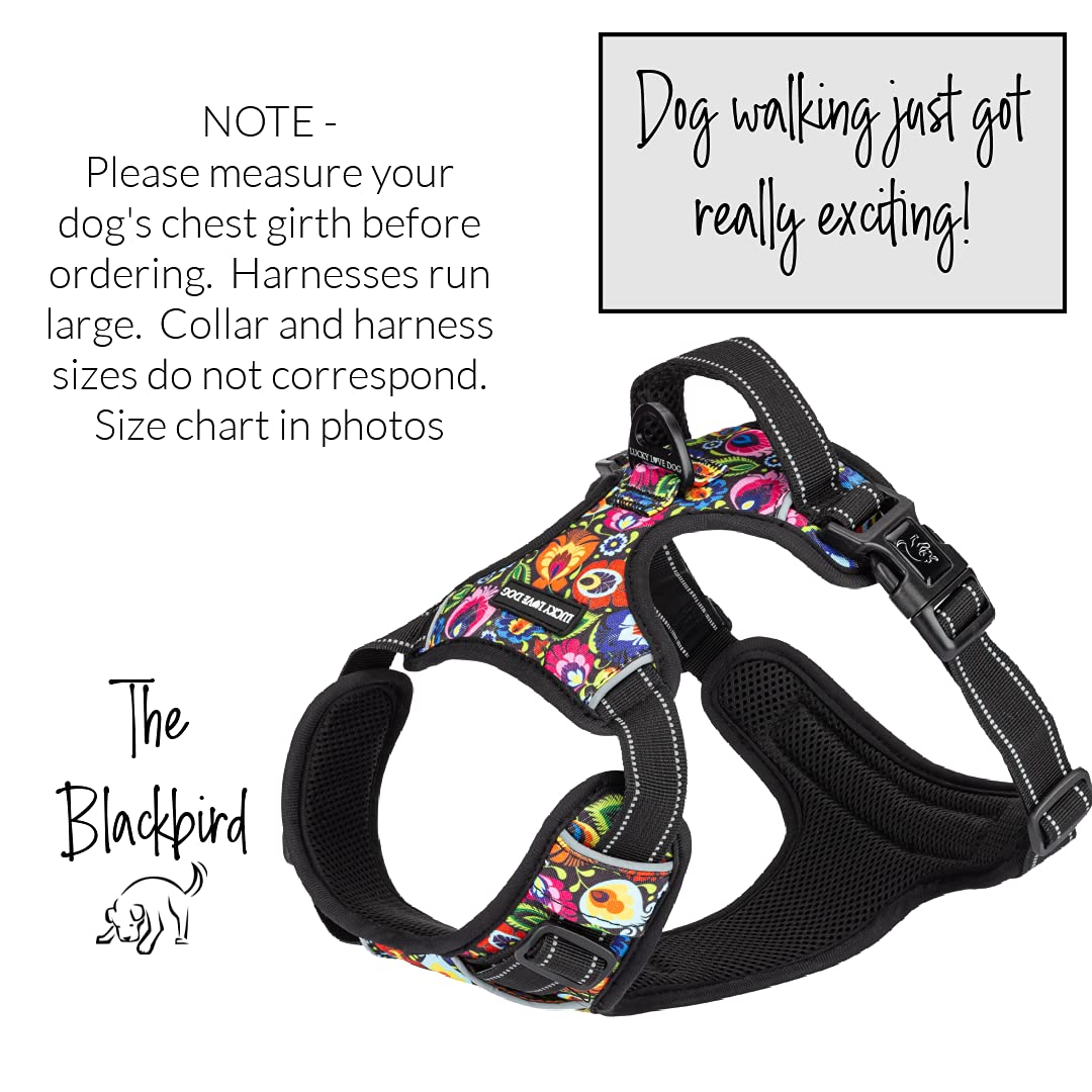 Lucky Love No Pull Dog Harness - Adjustable Pet Harness for Small Medium Large Dogs with Cute Floral Pattern (Blackbird, Small) | Perfect for Walking, Training & Outdoor Adventures