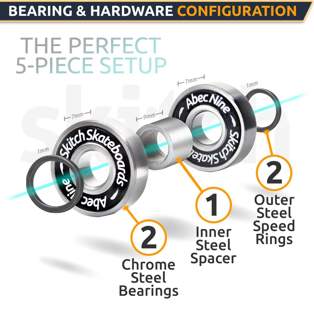 SKITCH 8 Pack 608 2RS ABEC 9 Chrome Steel Precision Ball Bearings - 8mm x 22mm x 7mm for Skateboards, Longboards, Inline Skates, Scooters | Includes Washers & Spacers | High-Speed Performance for Smooth Rolling & Durability