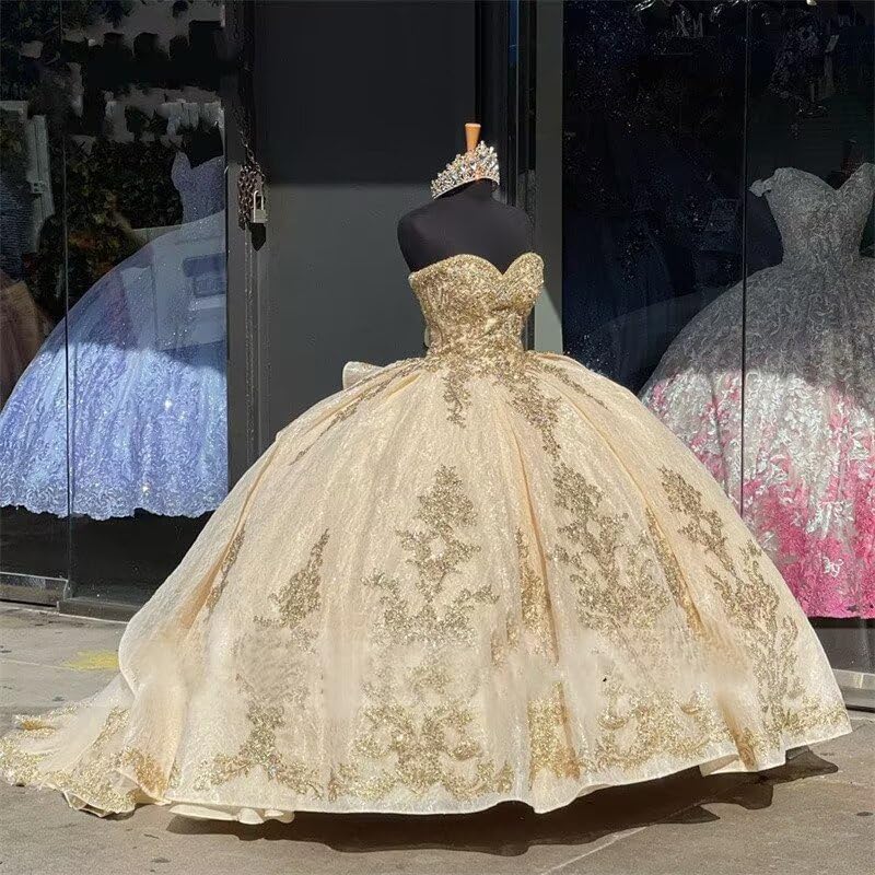Sparkling Sequined Applique Beaded Champagne Sweet 16 Dresses | Elegant Quinceanera Ball Gown for Women | Tulle Pageant Prom Dress 2025 | Perfect for Sweet 16 Parties, Quinceaneras, Pageants & Prom Nights