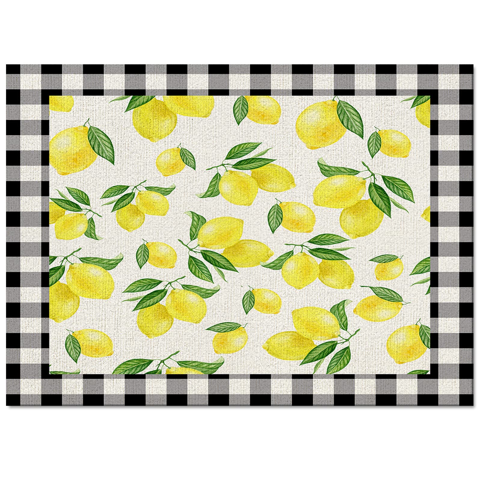 5'x8' Large Non-Slip Area Rug - Farmhouse Lemon Print Plaid Frame Carpet for Bedroom, Living Room, Kitchen, Kids Room | Summer Fruits Design with Burlap Backing | Perfect for Home Decor, Photo Backdrops and Cozy Floor Covering