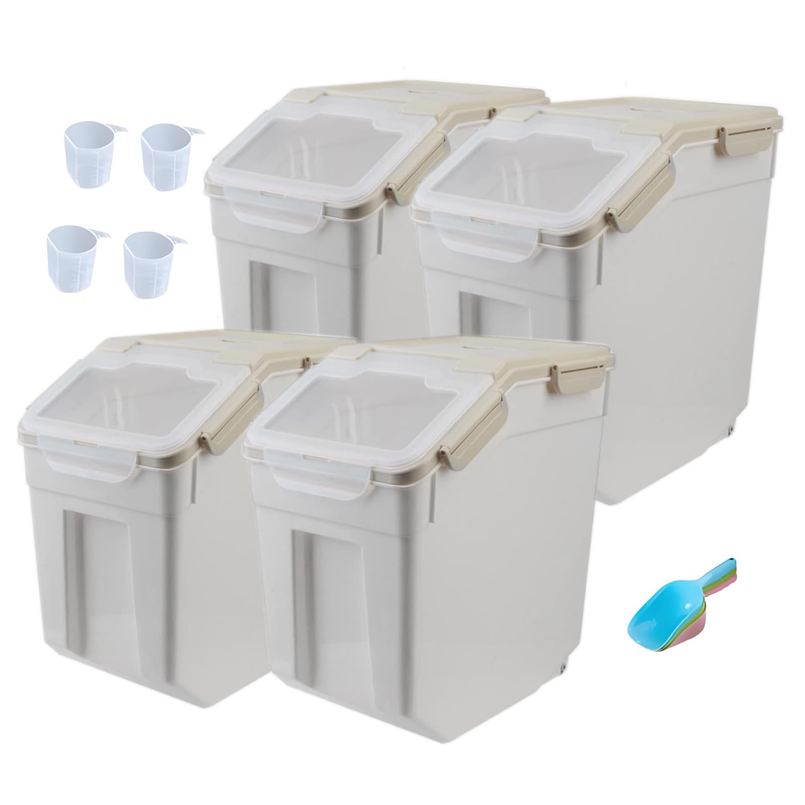 25lb Large Airtight Flour Storage Container with Wheels - 4 Pack BPA-Free Food Storage Bins with Seal Locking Lid & Measuring Scoop - Perfect for Flour, Rice, Grains, Sugar, Coffee (Gray) - Ideal for Kitchen Pantry Organization & Bulk Food Storage