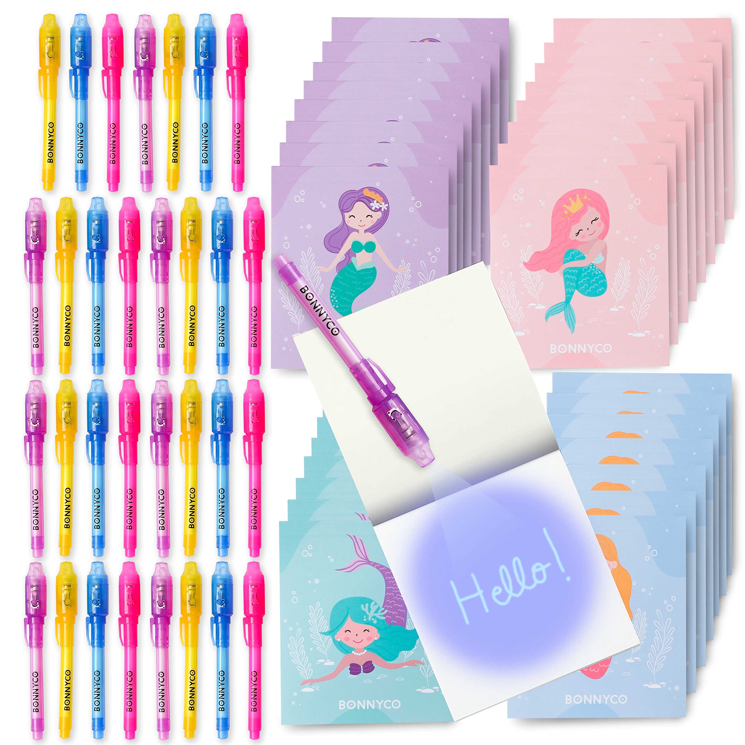 BONNYCO 32-Pack Invisible Ink Pen and Notebook Set for Kids - Magic Spy Writing Pens with Mermaid Theme | Fun Party Favors, Classroom Prizes, Birthday Gifts | Perfect for Mermaid Themed Parties, Spy Games, and Creative Writing Activities