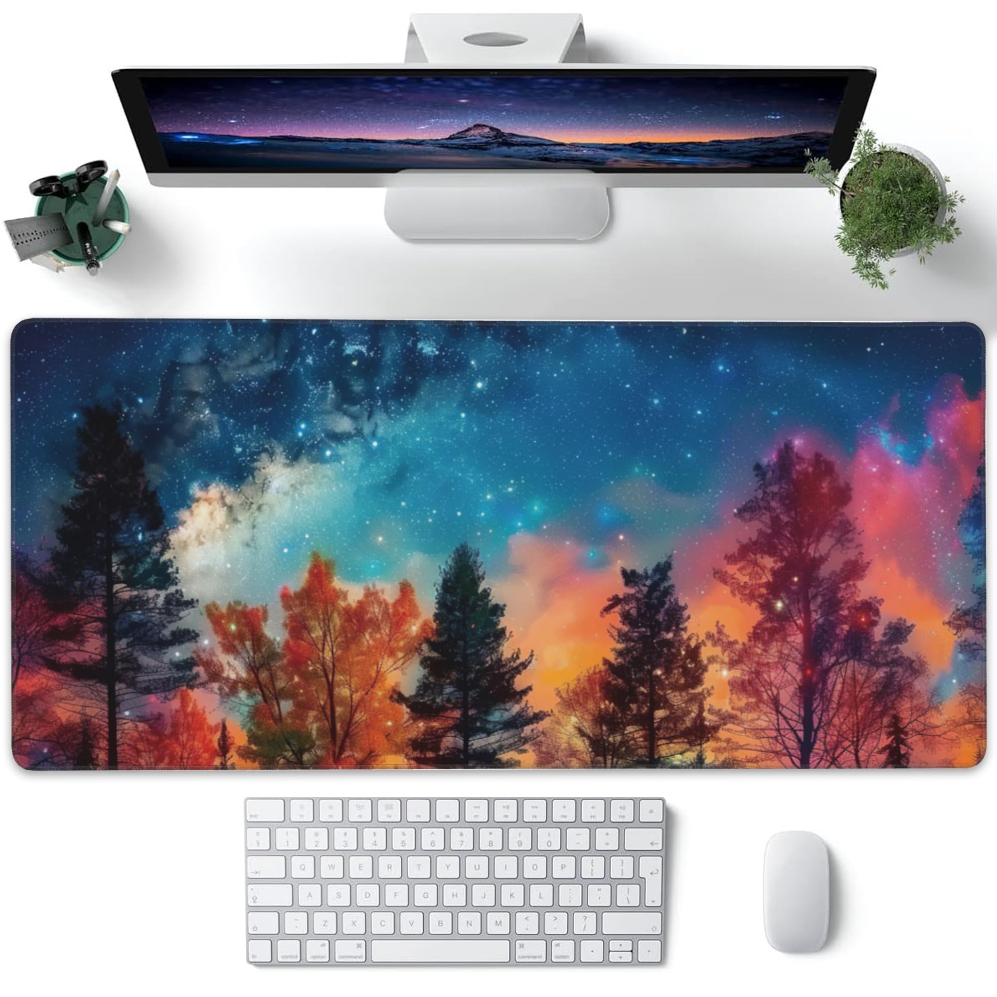 XXL Gaming Mouse Pad - Milky Way & Misty Forest Design, Non-Slip Rubber Base with Stitched Edges (35.4