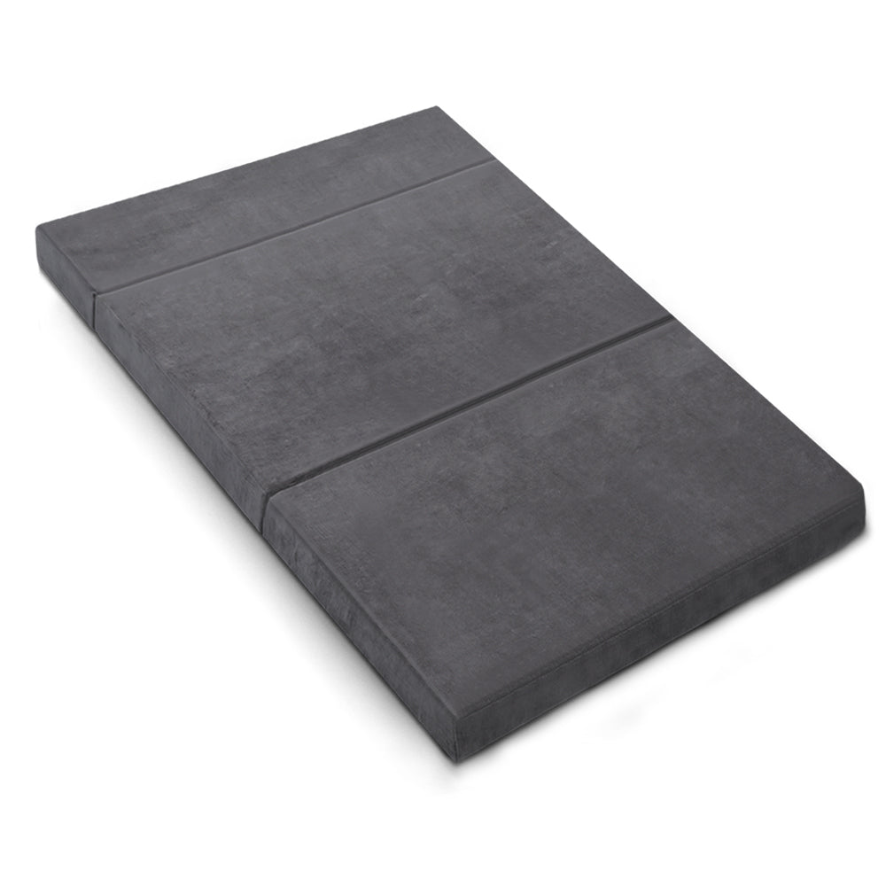 Double Size Folding Foam Mattress - Portable Guest Bed & Floor Mat - Velvet Dark Grey for Camping, Sleepovers & Small Spaces