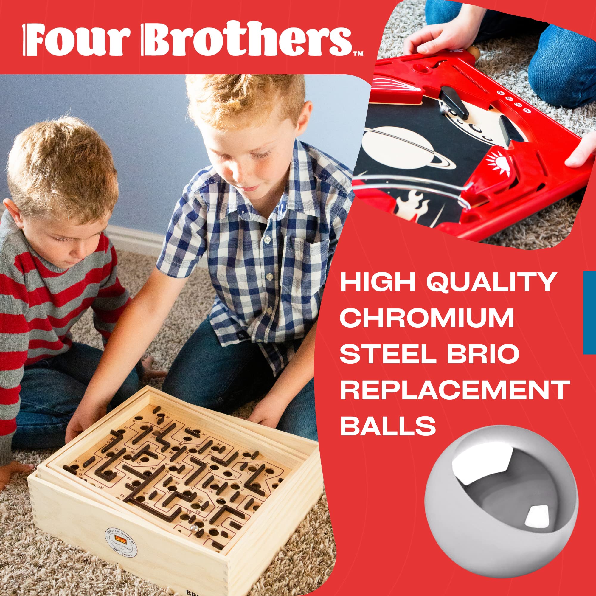 Four Brothers Replacement Balls for BRIO Labyrinth & Pinball Games - 10 Pack | Durable Plastic Marbles for Kids' Wooden Toy Maze & Pinball Machine Accessories