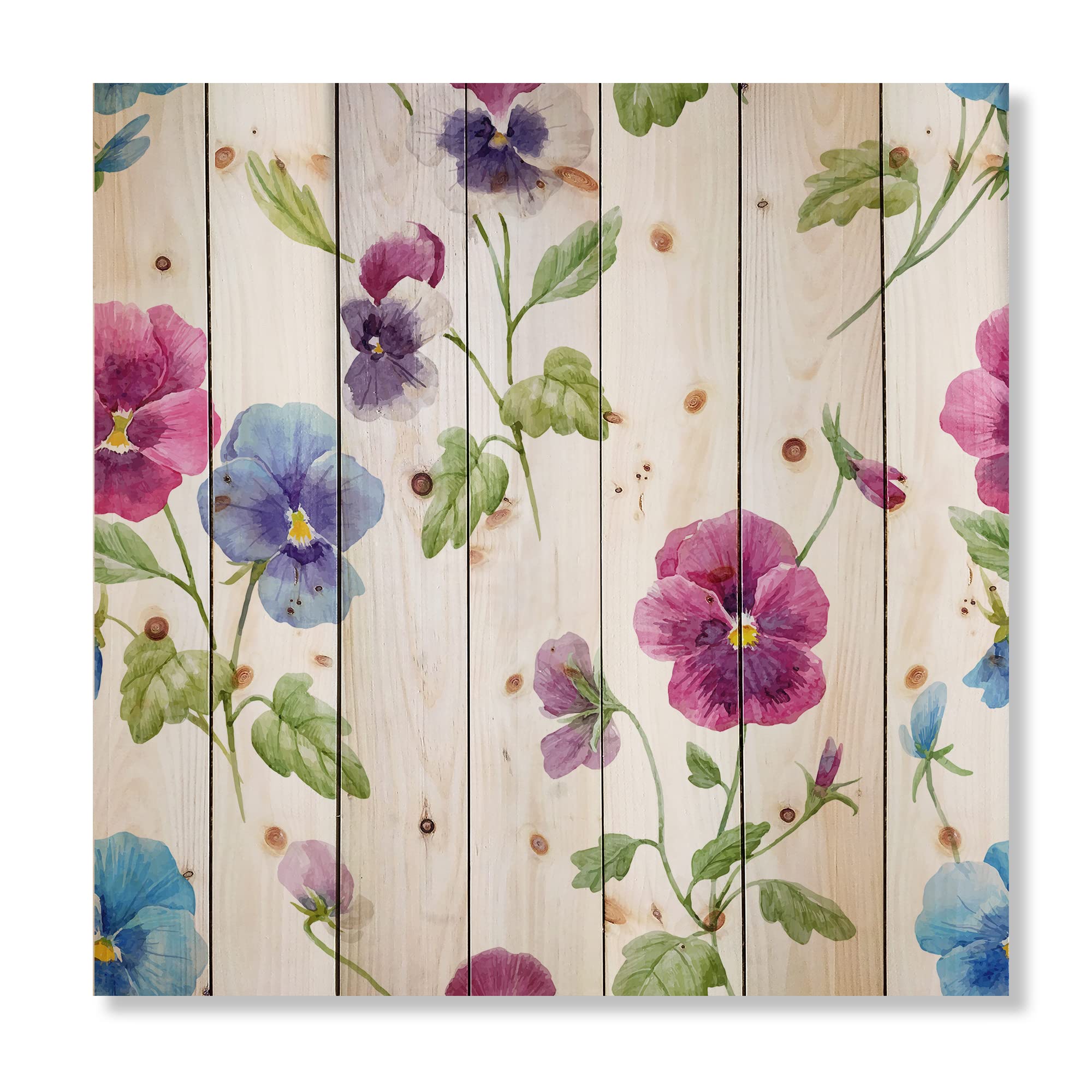 DesignQ Pink and Blue Pansy Flowers Traditional Wood Wall Decor - Large Floral Pine Wood Art Panel for Living Room, Bedroom, and Office Decoration
