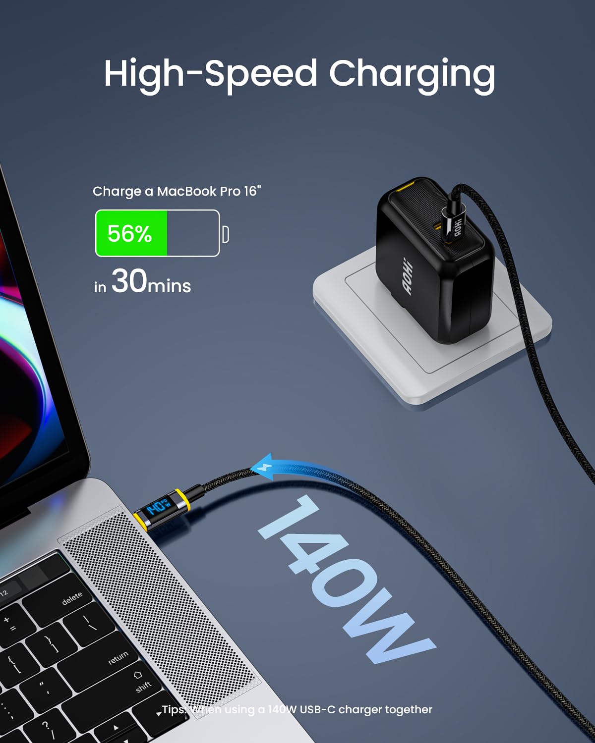 AOHI 140W USB C to USB C Fast Charging Cable with Display - 4ft Nylon Braided Type C Cable Compatible with iPhone 15 Pro Max, Galaxy S23, MacBook Pro/Air, iPad Pro/Air, Pixel - Perfect for Home, Office & Travel Charging