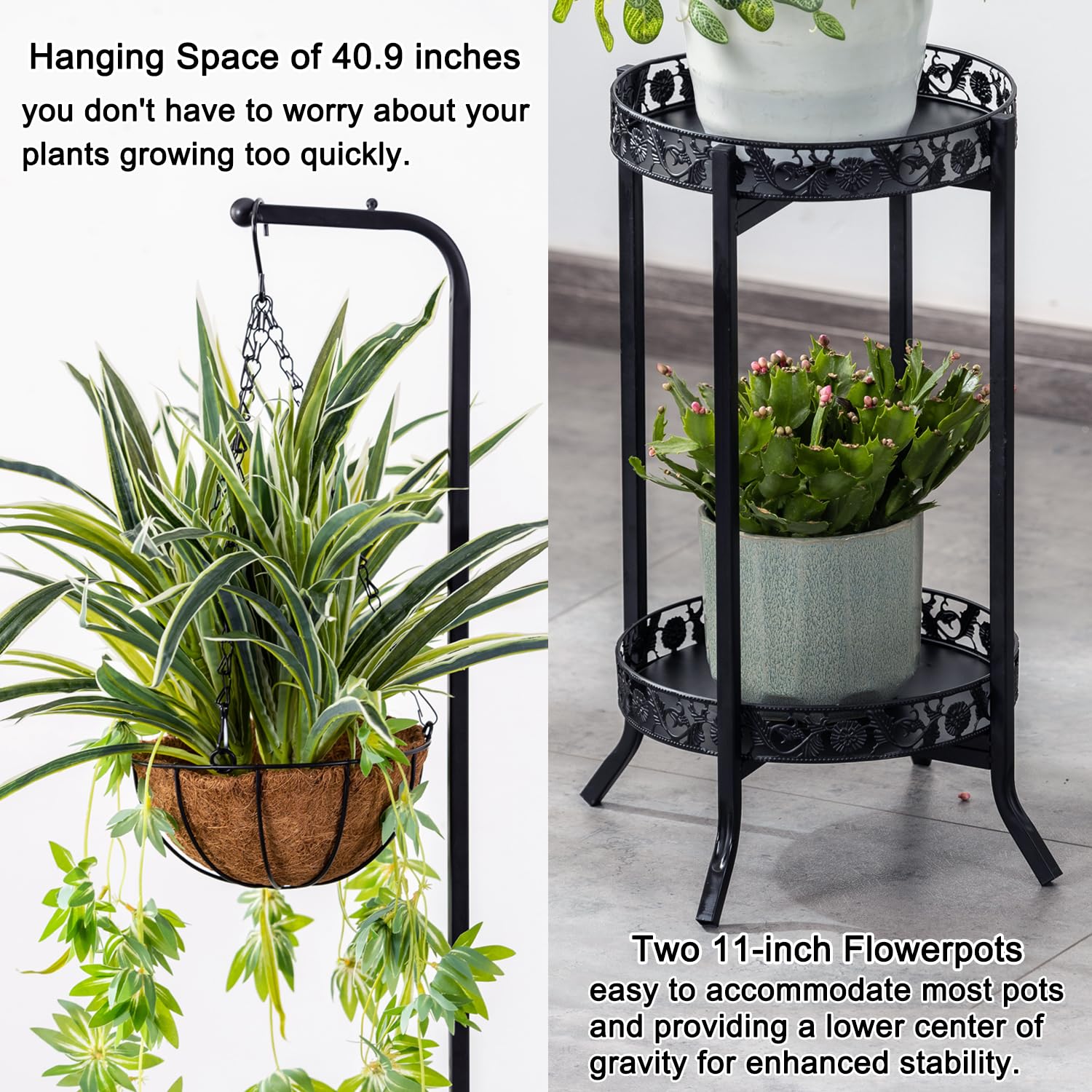 COPREE 2-Tier Hanging Plant Stand - Space Saving Iron Flower Pot Organizer Rack for Indoor & Outdoor Use - Sturdy Planter Shelving Unit for Multiple Plants - Perfect for Balcony, Patio, Garden Decor