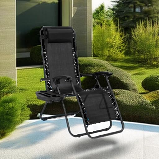 EZONE Zero Gravity Lounge Chair - Adjustable Reclining Outdoor Patio Chair with Steel Mesh & Cup Holder - Foldable Beach Pool Camping Recliner with Pillow - Perfect for Backyard, Deck, Garden Relaxation (Black)