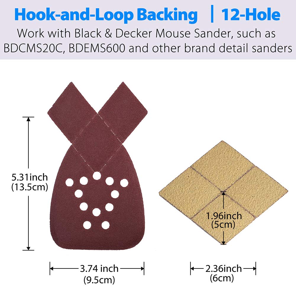 50PCS Sanding Sheets for Black & Decker Mouse Sanders - 60/80/120/150/220 Grit Hook & Loop Sandpaper Assortment with Extra Tips - Replacement Sanding Pads for Woodworking, Furniture Refinishing & DIY Projects
