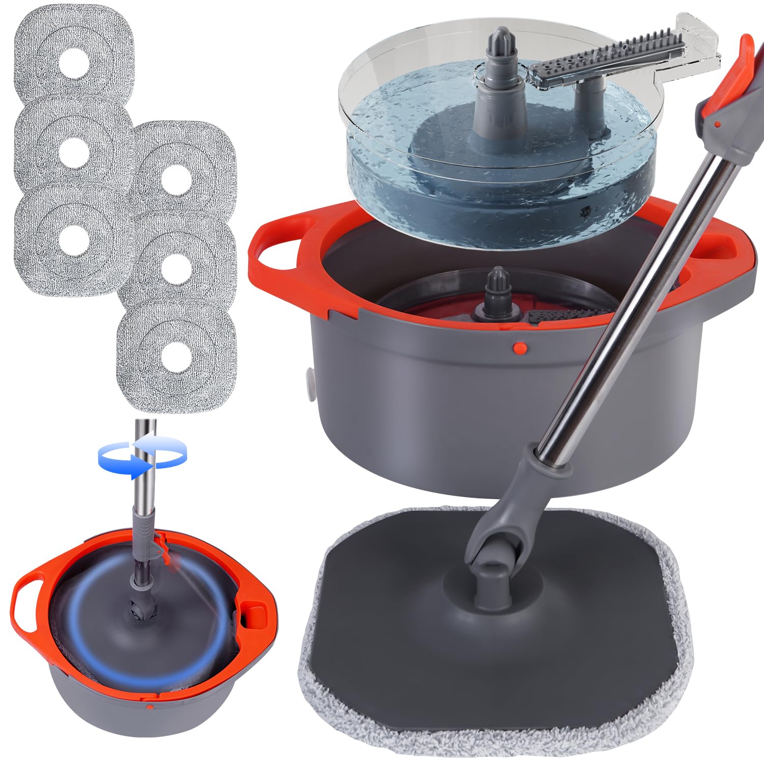 360° Rotating Spin Mop and Bucket System with Separate Dirty/Clean Water - Foldable Handle, 6 Replaceable Mop Pads - Perfect for Hardwood, Tile, Marble Floors & Wall Cleaning - Ideal for Home, Kitchen, Bathroom & Office Use