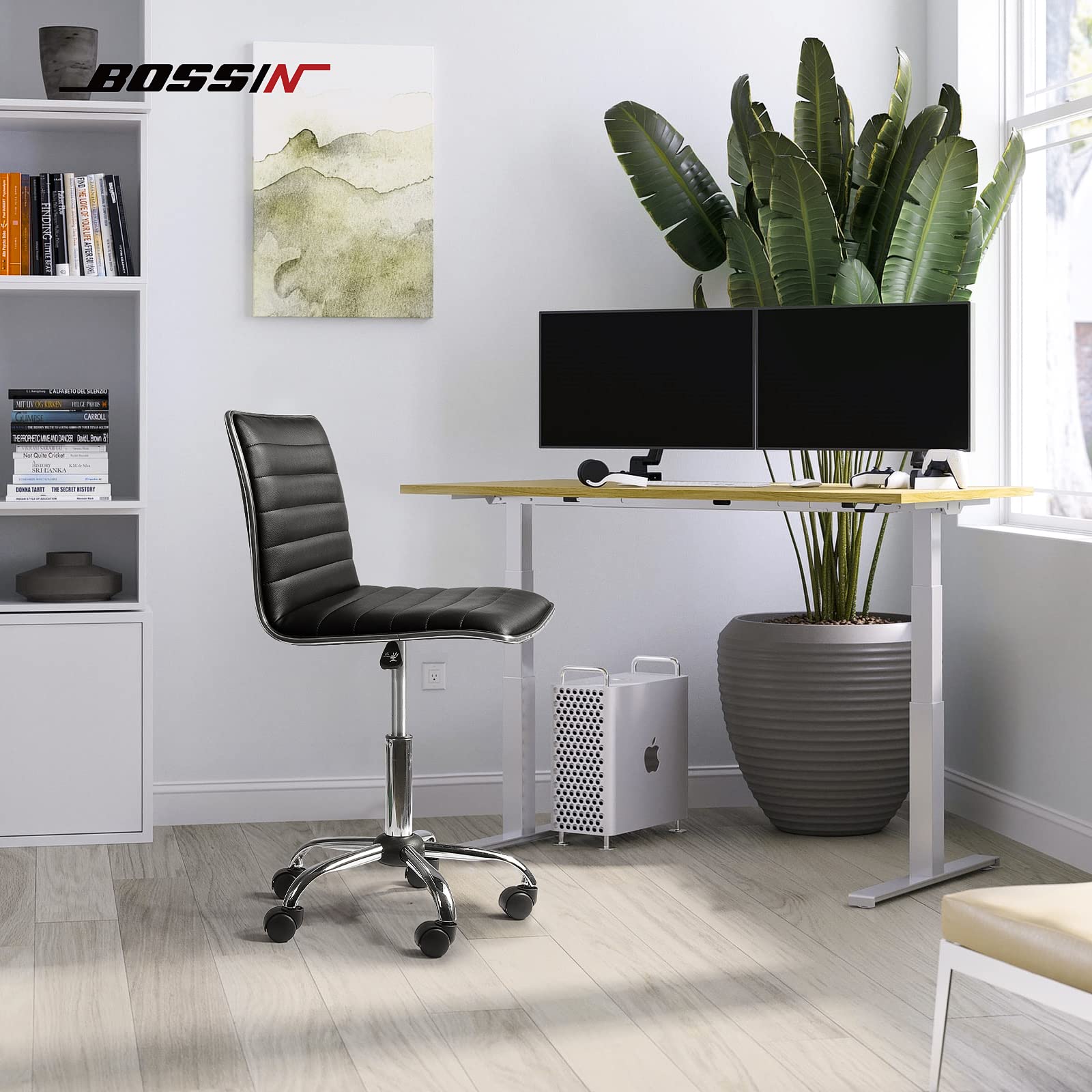 BOSSIN Adjustable Home Office Chair - Mid Back Armless Swivel Task Chair with Ribbed Design, Compact Vanity Chair for Small Spaces, Living Room, Makeup, Studying - Perfect for Home Office, Dorm Room & Beauty Station (Black)