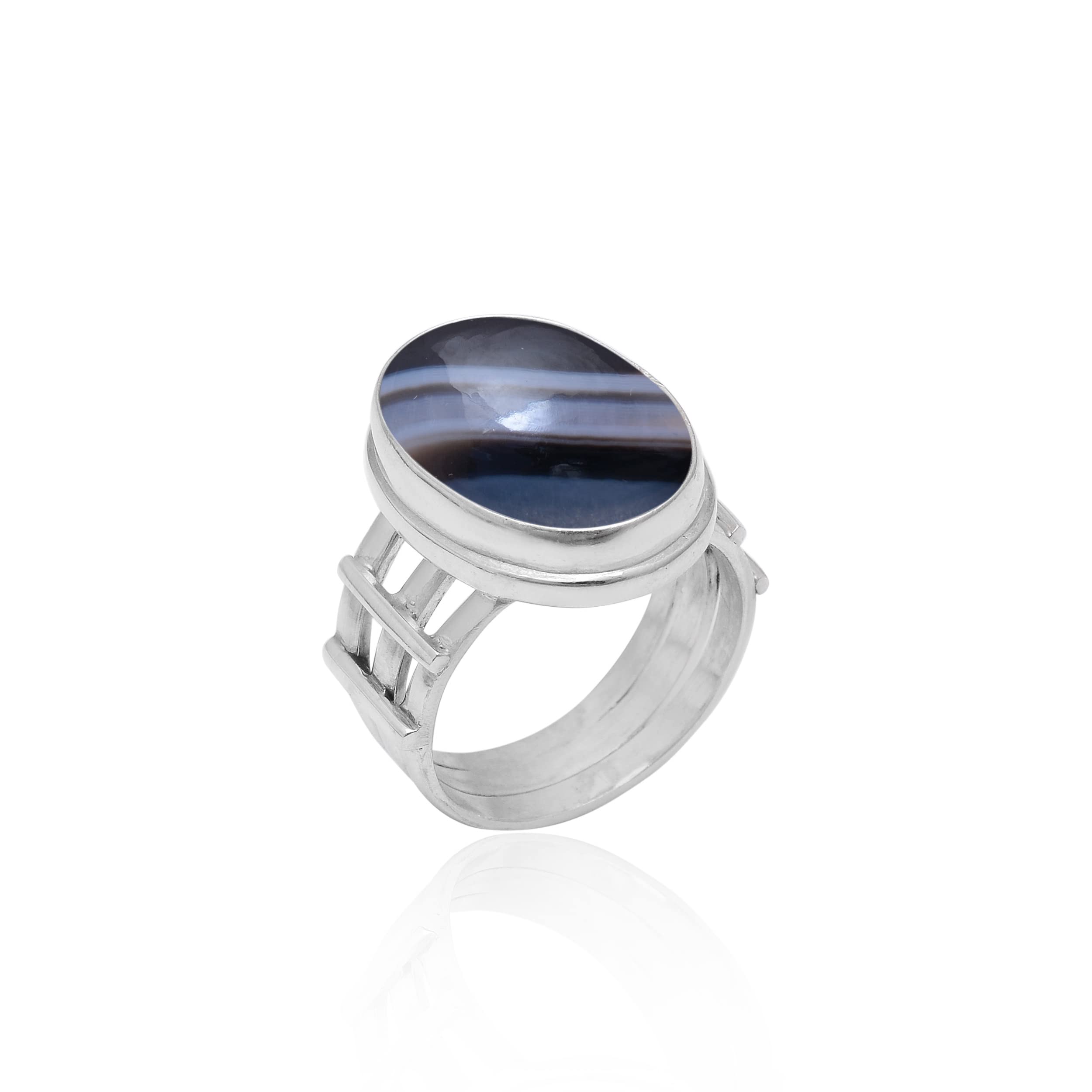 Veracity Jewelry 925 Sterling Silver Black Banded Agate Rings for Women - Natural Black White Gemstone Healing Meditation Jewelry - Handmade Spiritual Jewelry Gift for Yoga, Meditation & Everyday Wear - VSR-439