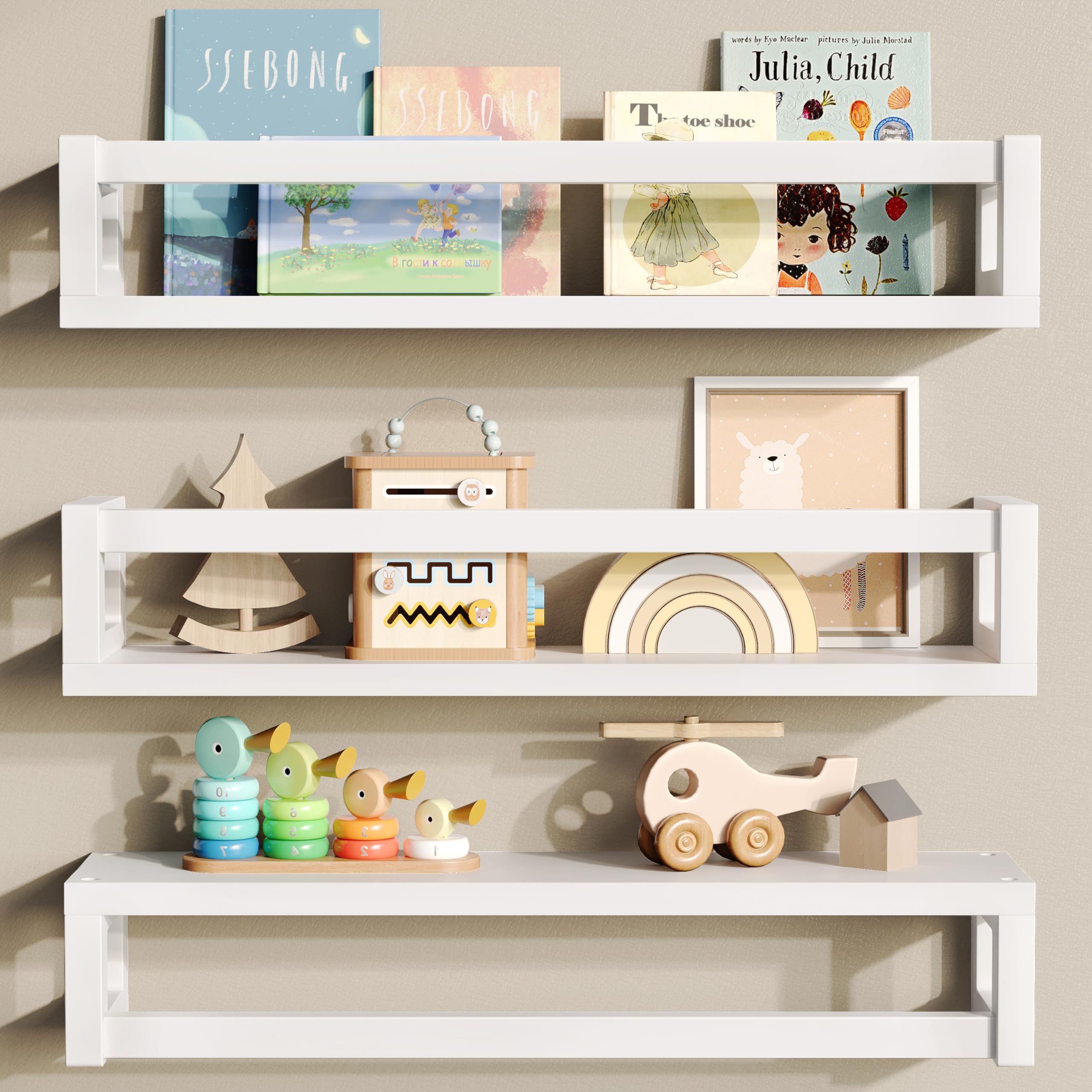 Upgraded Thick Floating Shelves - Multi-Purpose Wall-Mounted Bookshelves for Kids Room & Nursery, Perfect for Books, Toys, Spice Rack & Home Decor - White | Space-Saving Storage Solution for Bedroom, Living Room & Kitchen Organization