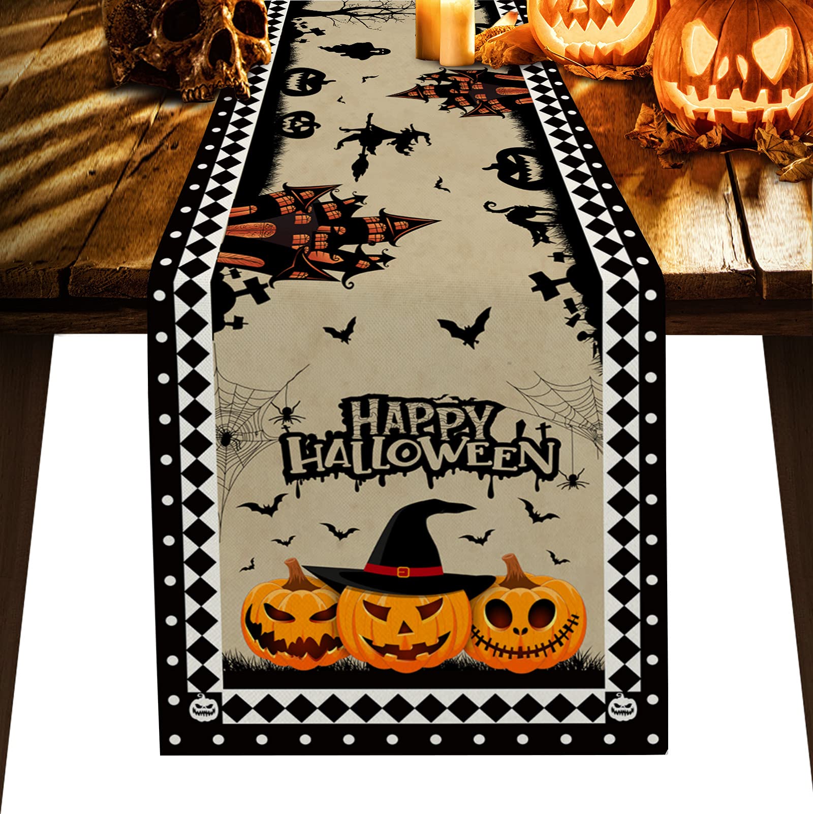 108 Inch Halloween Table Runner - Haunted House Pumpkin Design, Taupe Checkered Kitchen Dining Decor for Coffee Table, Holiday Party & Banquet | Perfect for Halloween Parties, Thanksgiving Dinners & Fall Home Decor