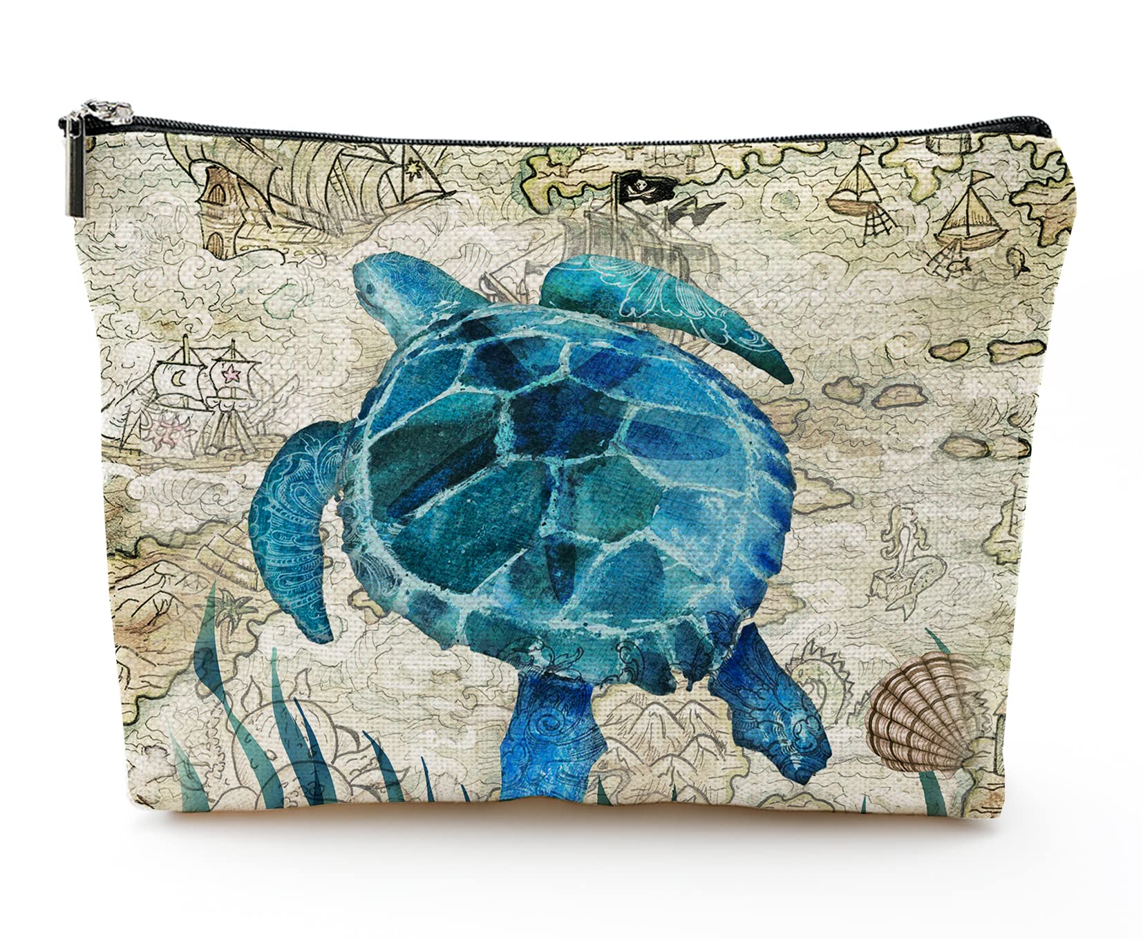 Large Travel Makeup Bag for Women - 7x10 Inch Cosmetic Organizer with Zipper, Retro Turtle Design - Perfect for Toiletries, Makeup Storage & Weekend Getaways