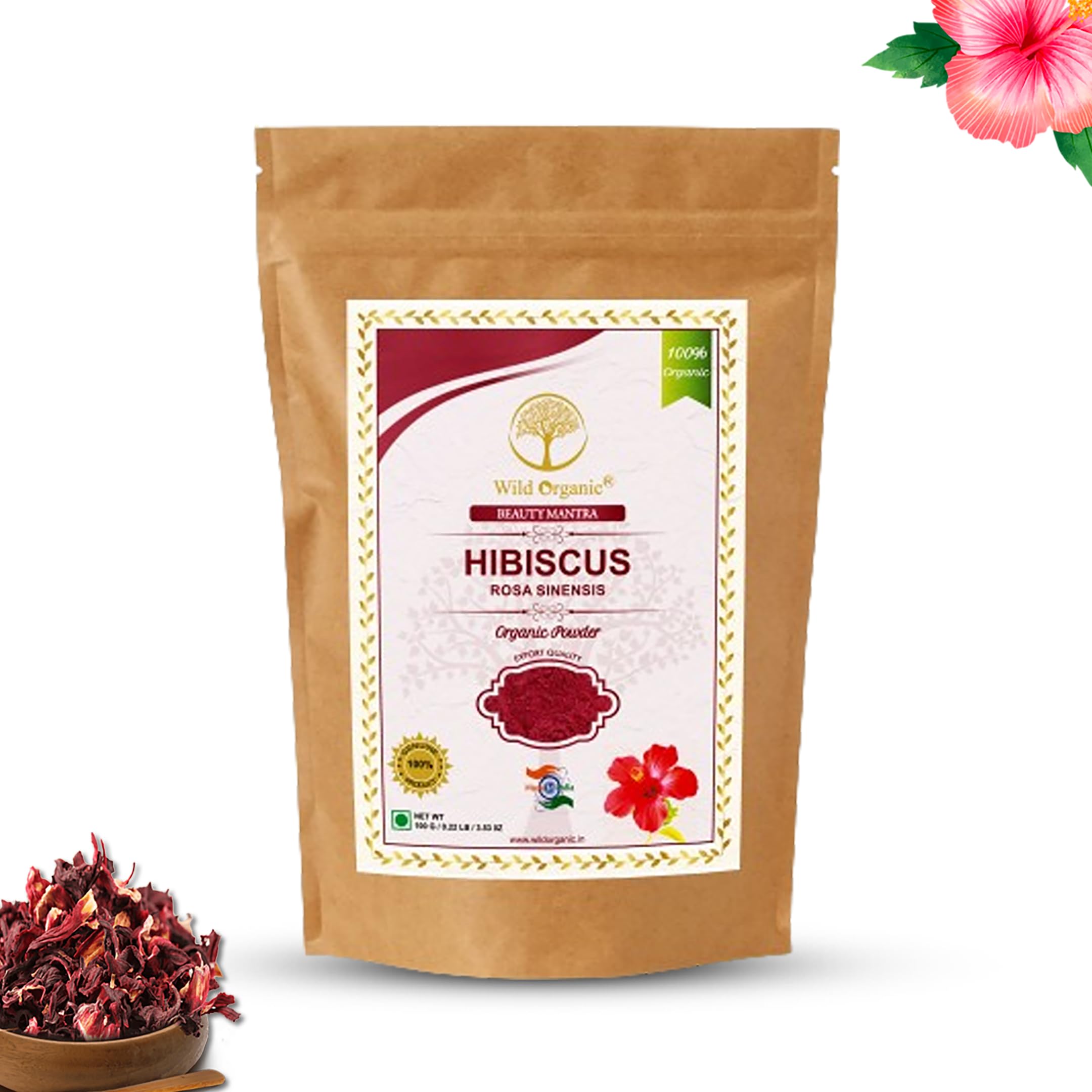 WILD ORGANIC 100% Natural Hibiscus Flower Powder (Rosa Sinensis) - 100g for Face Mask & Hair Growth Treatment | DIY Beauty Care, Skin Brightening & Scalp Nourishment