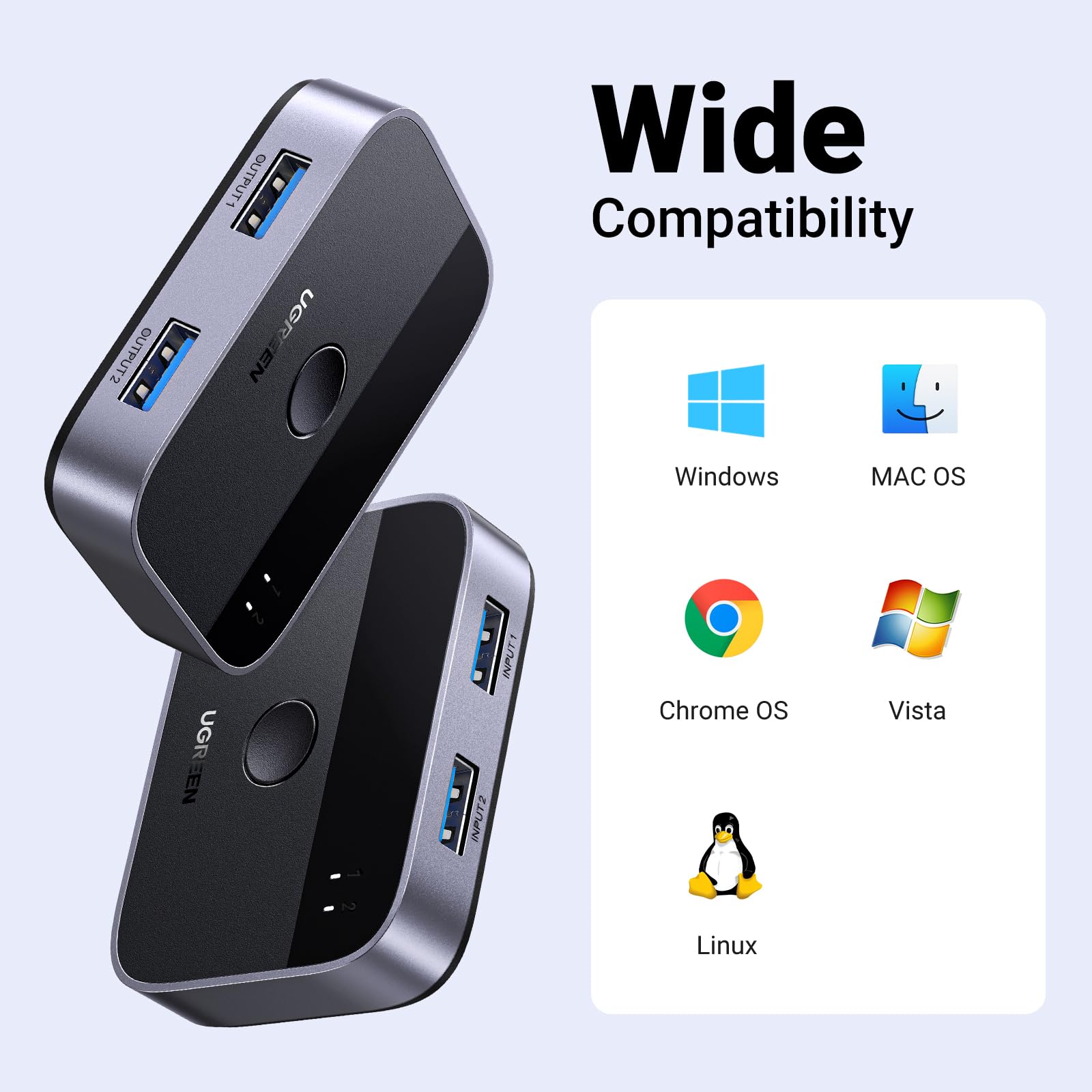 UGREEN USB 3.0 Switch 2 in 2 Out - 2 Port USB Selector for Sharing Keyboard, Mouse, Printer, Scanner & Webcam Between 2 Computers - Includes 2 USB 3.0 Cables - Perfect for Home Office & Multi-Device Workstations