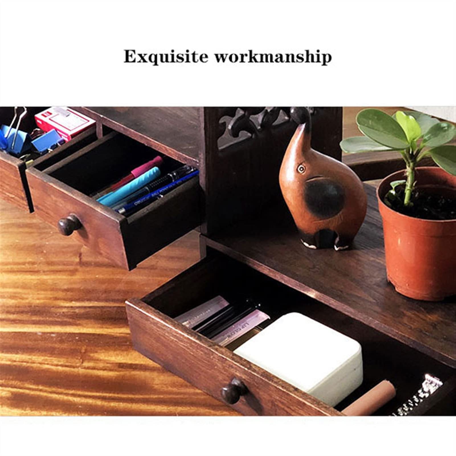 TOMYEUS Creative Retro Small Bookshelf - Adjustable Desktop Bookcase with Drawers, Brown Wooden Storage Cabinet for Home Office, Bedroom & Living Room