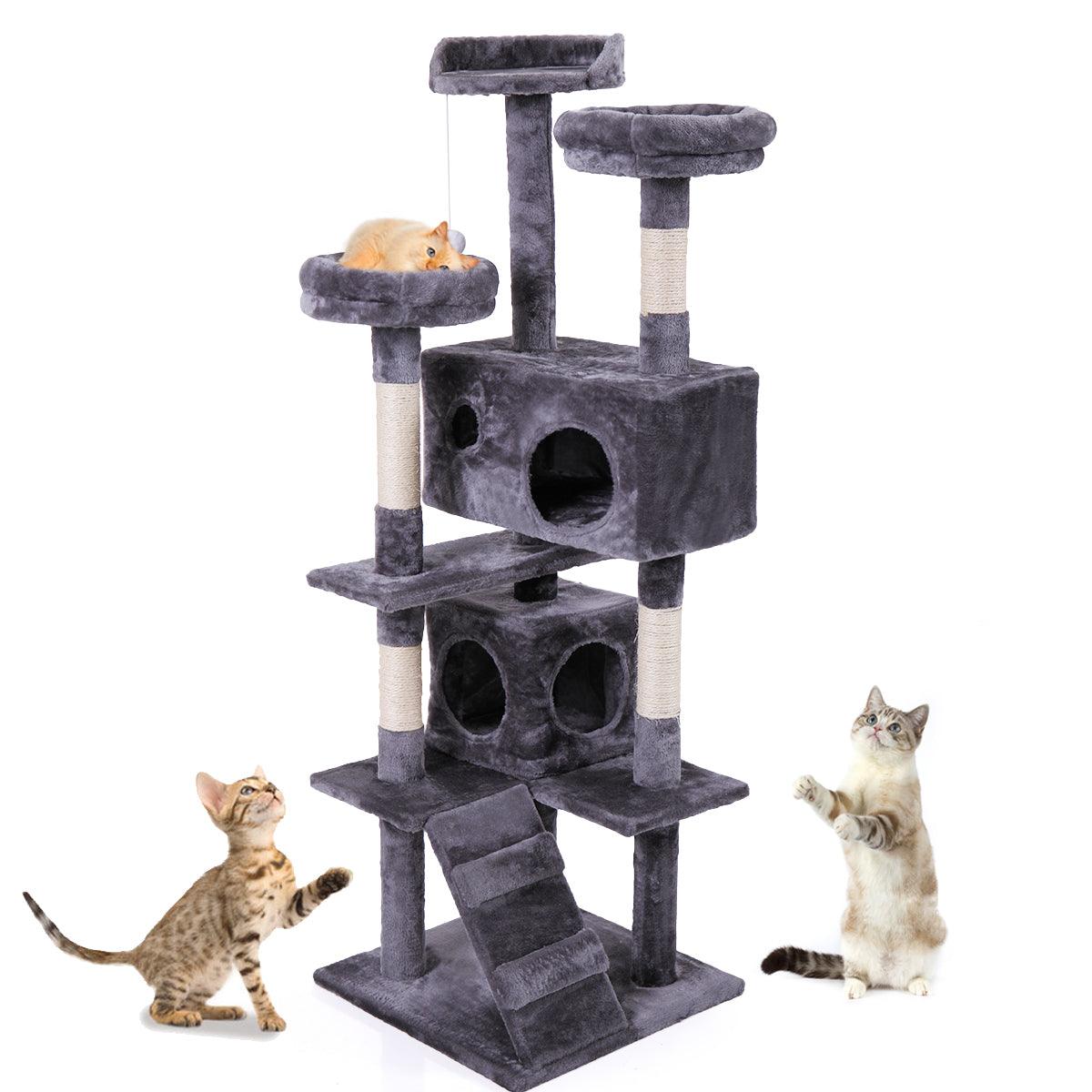 Premium Cat Tree Tower with Scratching Ball, Plush Cushion, Ladder & Condos - Multi-Level Indoor Cat Furniture for Play, Rest & Climbing (Gray) - Perfect for Small Spaces & Active Cats