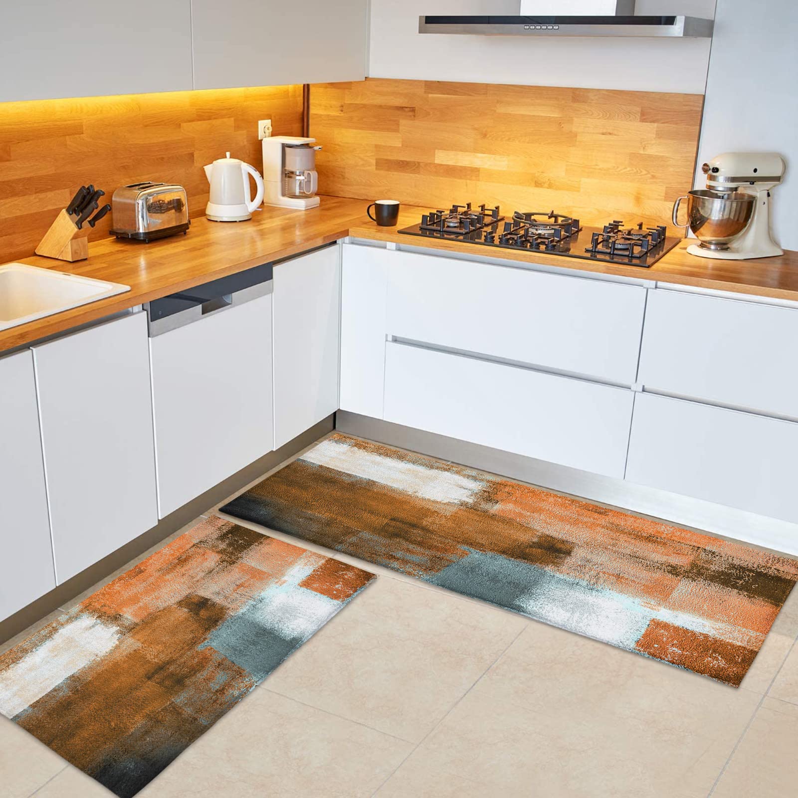 2 PCS Super Soft Shag Kitchen Rugs - Non-Slip Absorbent Microfiber Floor Mats with Orange Watercolor Oil Painting & Gray Gradient Geometric Design - Perfect for Indoor Bedroom, Living Room & Kitchen Decor