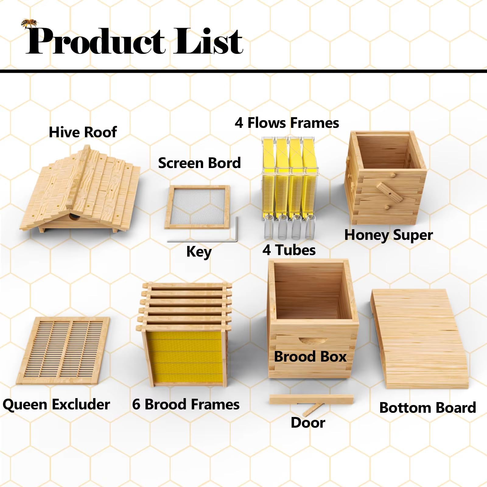 4Pcs Honey Bee Hive Starter Kit with Frames - For Beekeeping Beginners