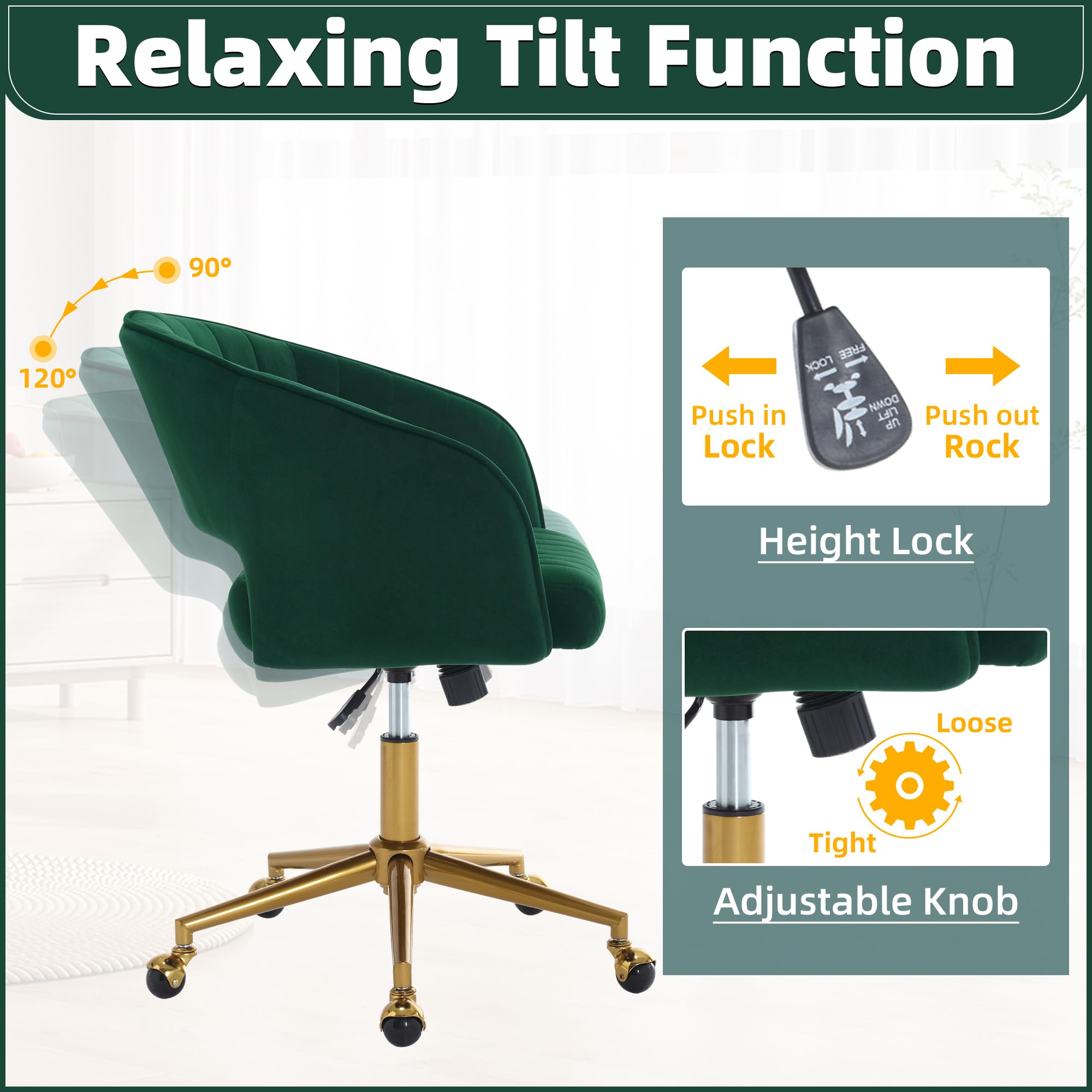 ABET Ergonomic Velvet Desk Chair with Wheels - Adjustable Swivel Office Chair with Gold Base for Home & Workspace - Modern Upholstered Armchair for Living Room, Bedroom & Vanity (Dark Green) - Perfect for Remote Work, Gaming & Study Sessions