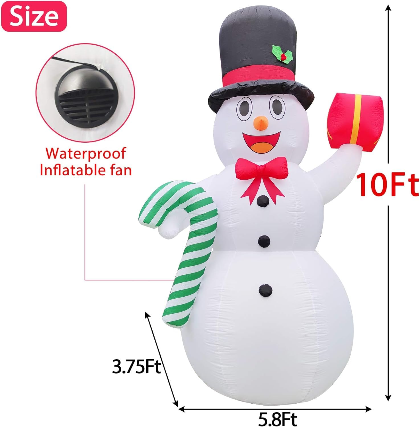 TURNMEON 10ft Giant Inflatable Snowman with Candy Cane - LED Christmas Outdoor Decorations with Stakes & Tethers - Holiday Blow Up Yard Decor for Xmas Party, Home, Garden, and Lawn Decoration