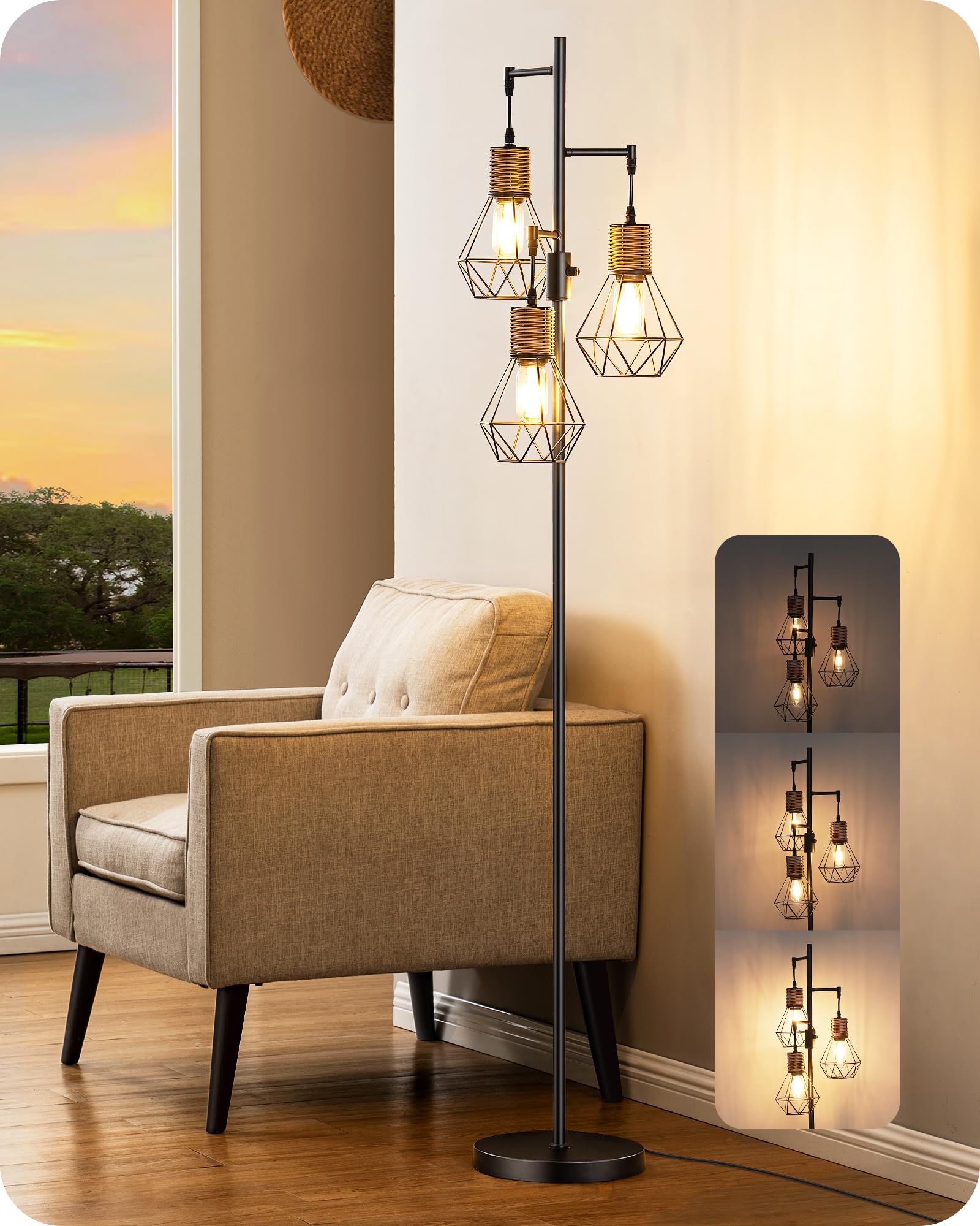 Dimmable Industrial Floor Lamp with 3 LED Edison Bulbs - Farmhouse Standing Light for Living Room, Bedroom & Office - Rustic Rattan Reading Lamp with Diamond Cage Design (Black) | Perfect for Cozy Reading Nooks, Home Office Lighting & Farmhouse Decor