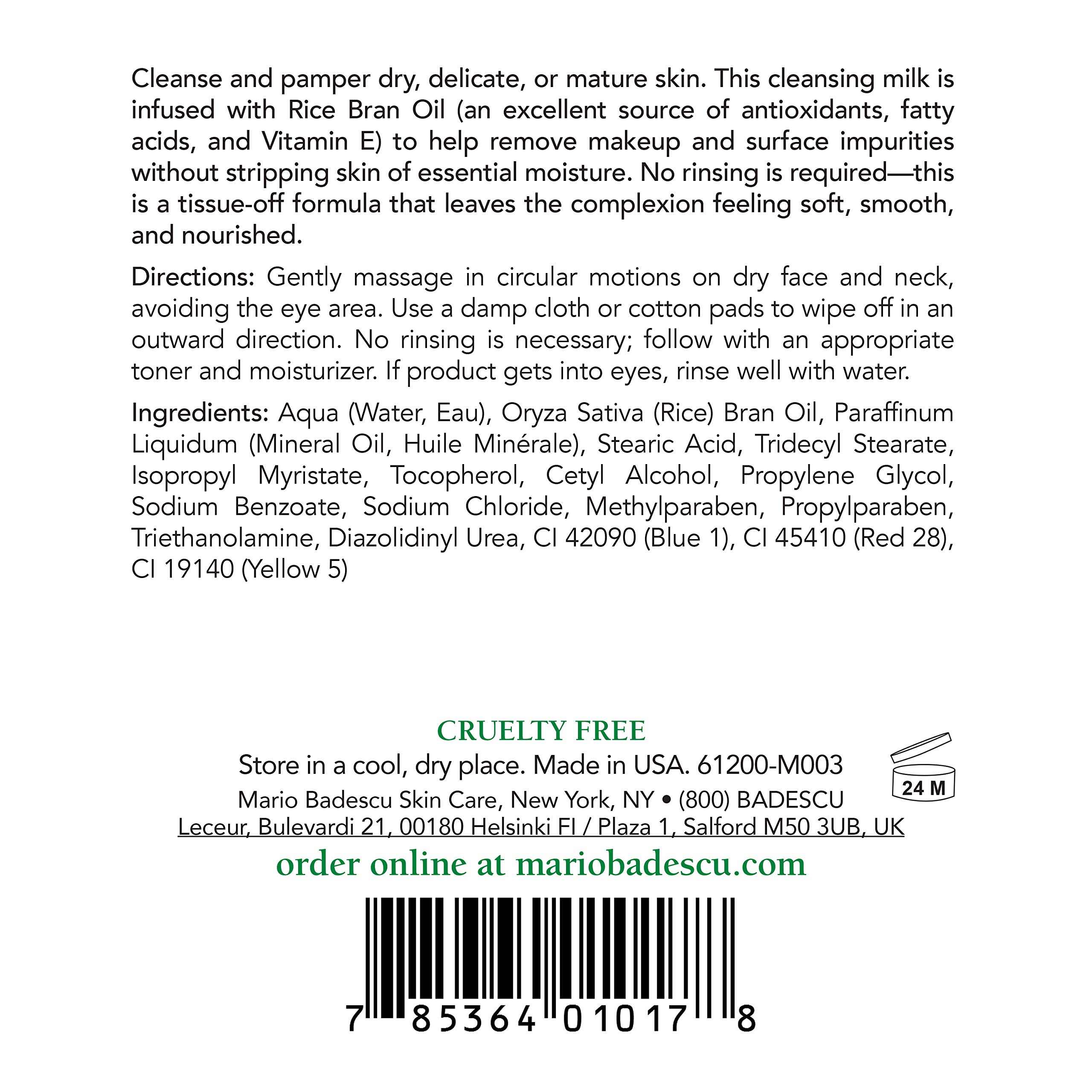 Mario Badescu Cleansing Milk with Carnation, Rice Oil & Vitamin E - No Rinse Makeup Remover & Gentle Face Cleanser for Dry & Sensitive Skin | Milky Formula for Hydration & Skin Care | Perfect for Daily Use & Travel Skincare Routine
