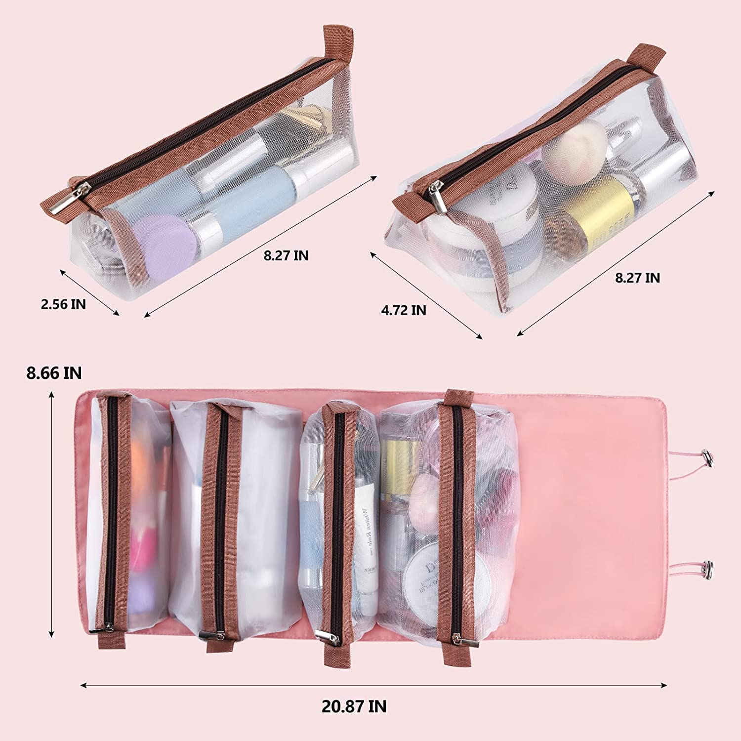 Spellwish 4-in-1 Detachable Hanging Cosmetic Bag - Portable Travel Toiletry Organizer with Separate Compartments, Roll Up Design for Makeup & Bathroom Essentials (Pink) - Perfect for Shower, Gym, Camping & Vacation Packing