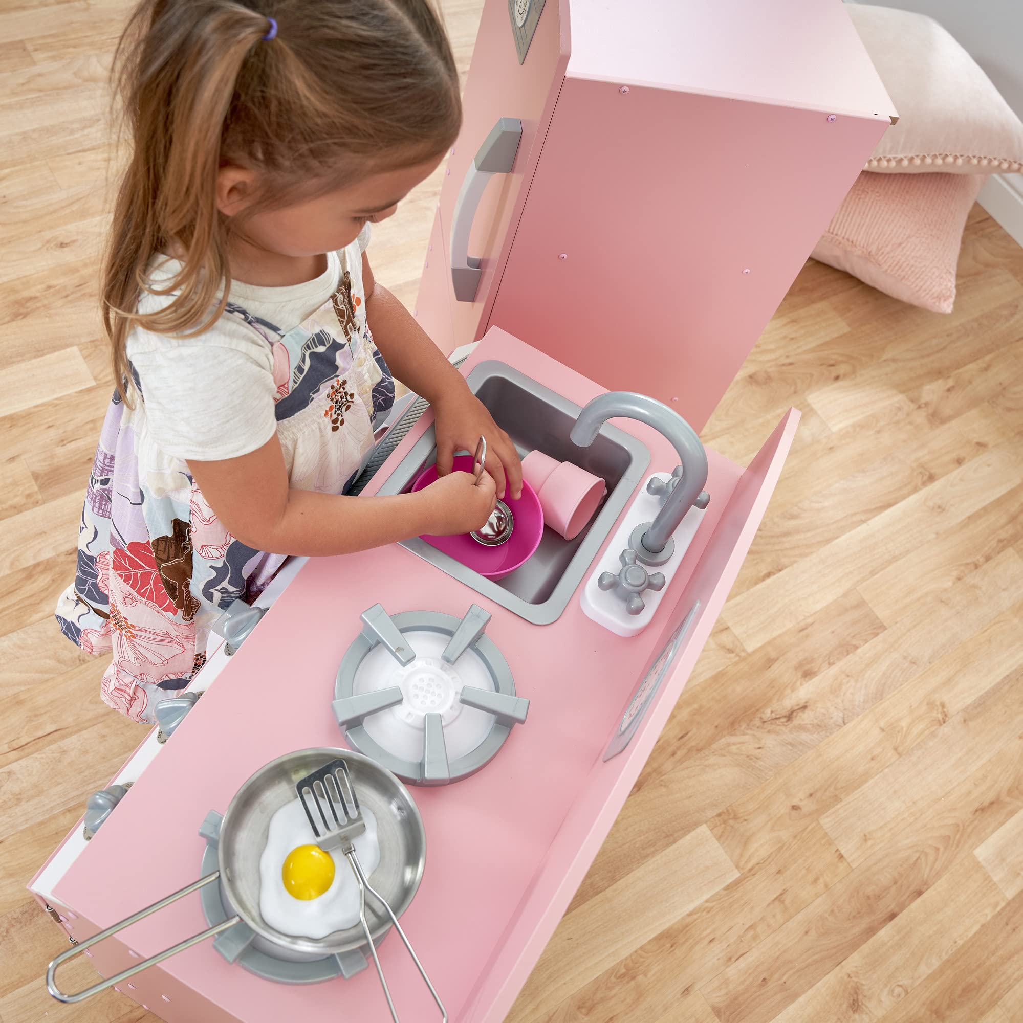 KidKraft Retro Wooden Play Kitchen and Refrigerator Set - Pink Pretend Play Toy with Faucet, Sink, Burners & Working Knobs - Gift for Kids Ages 3+ | Perfect for Imaginative Play, Birthday Gifts & Preschool Learning