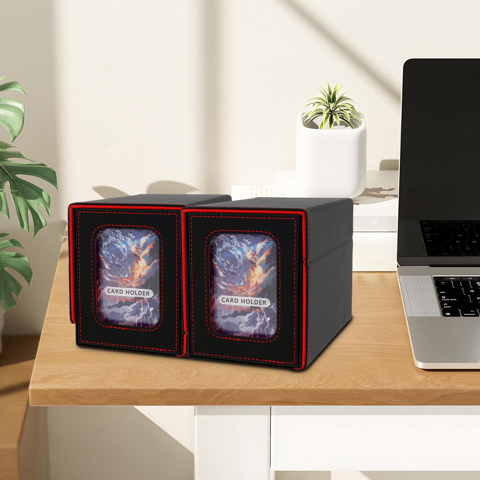 KTZCTPCA MTG Card Deck Box with Display Window - Holds 160+ Single-Sleeved Trading Cards, PU Leather Storage Box for Commander/TCG/CCG/Sports Cards (Red) - Perfect for Game Nights, Collectors & Card Protection