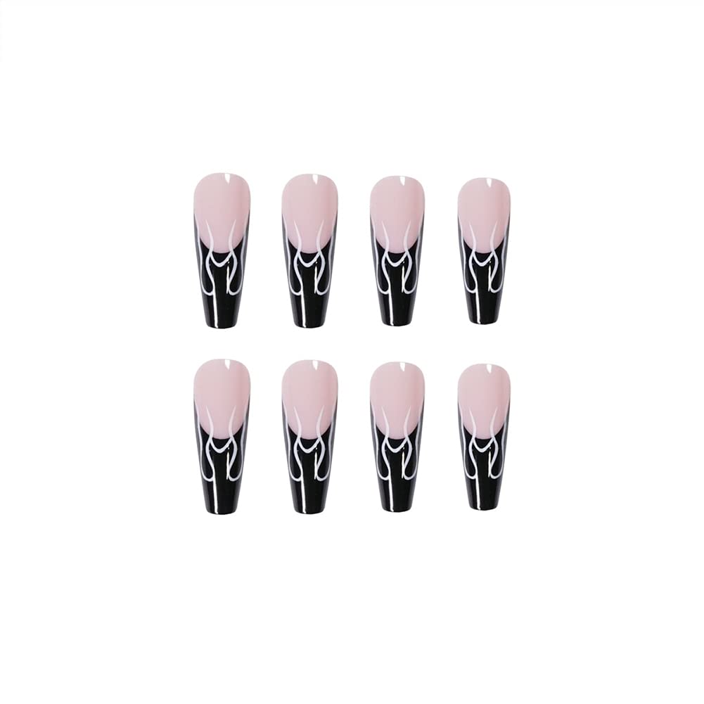 24Pcs Long Coffin Press on Nails - Flame Design Glossy Fake Nails for Women, Full Cover Ballerina Clip on Nails, Easy to Apply at Home, Perfect for Parties, Weddings & Special Occasions