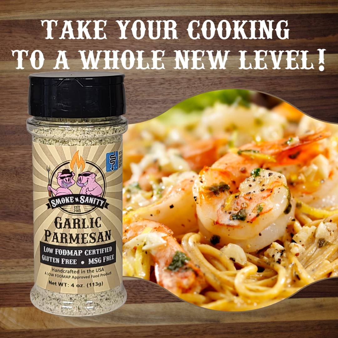 Smoke n Sanity Garlic Parmesan Seasoning - Monash Certified Low FODMAP, Gluten Free & Sensitive Stomach Friendly - 4.0 oz Shaker - Perfect for Pasta, Pizza & Low FODMAP Diet Cooking