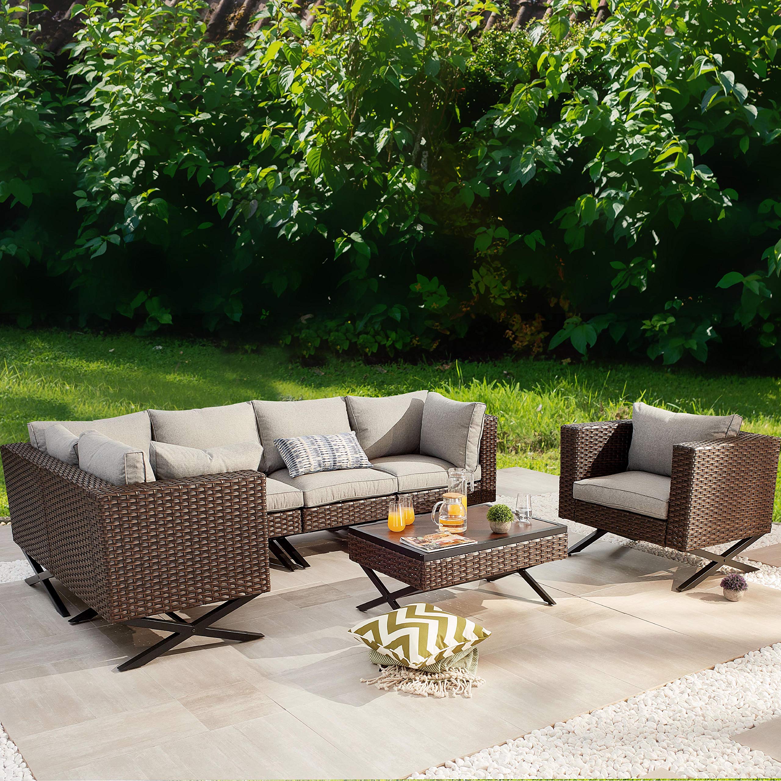 PatioFestival 7-Piece Outdoor Sectional Sofa Set with X-Shape Legs & 5.1
