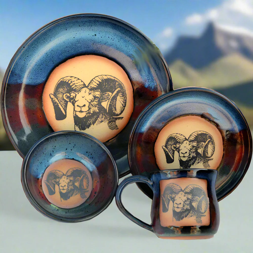 Premium Mountainscape Bighorn Sheep Dinnerware Set - Rustic Ceramic Plates & Bowls for Cabin, Lodge & Western Home Decor - Perfect for Camping, Hunting Trips & Outdoor Entertaining