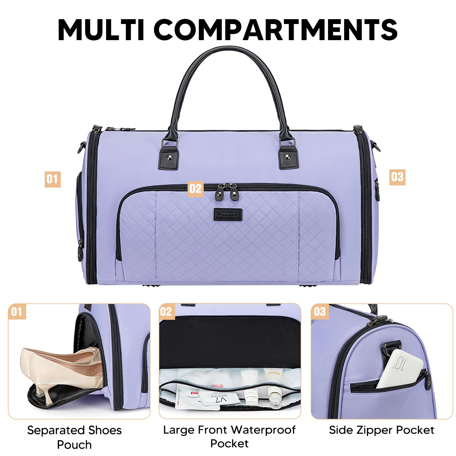 2-in-1 Convertible Travel Garment Bag for Women - Carry On Duffle with Detachable Shoulder Strap & Shoe Compartment (Purple) | Perfect for Business Trips, Weddings & Airplane Travel