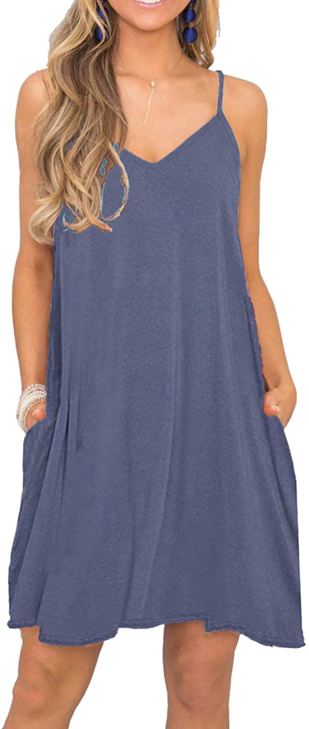 BEUFRI Women's Summer Spaghetti Strap Casual Dress - Lightweight Swing Tank Top with Pockets for Beach Cover Up, Vacation, Pool Party & Outdoor Activities