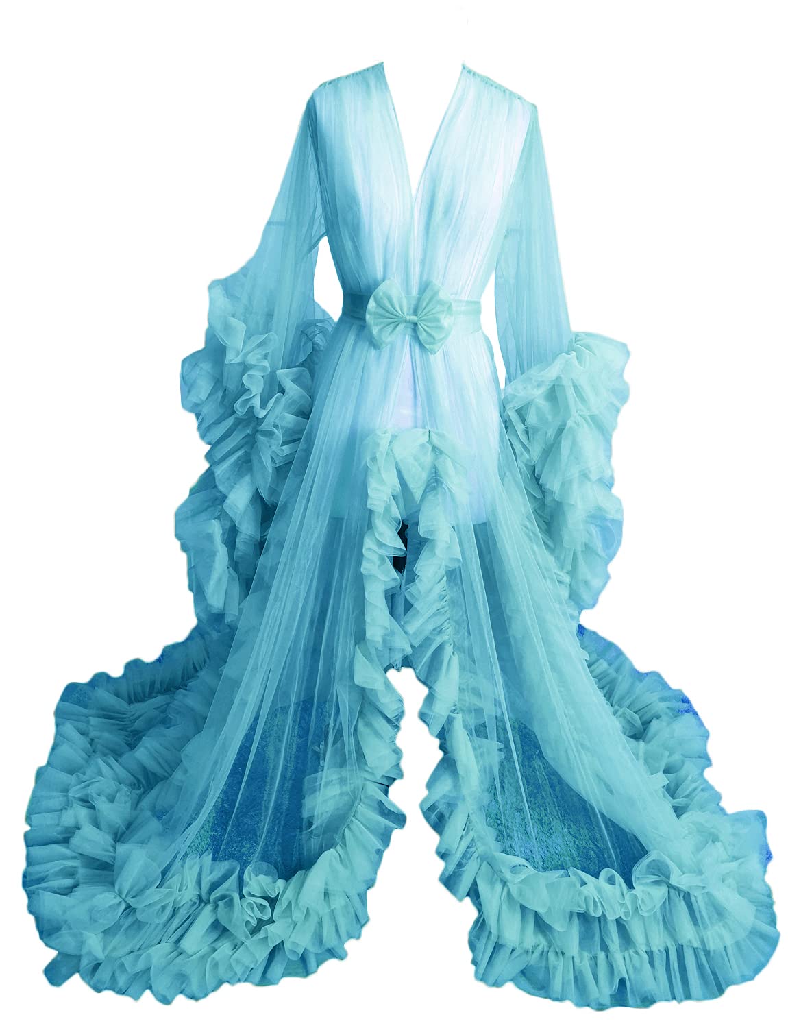 Elegant Women's Long Wedding Scarf Illusion Lingerie Puffy Dress Robe Nightgown - Perfect for Bridal Shower, Honeymoon & Romantic Nights